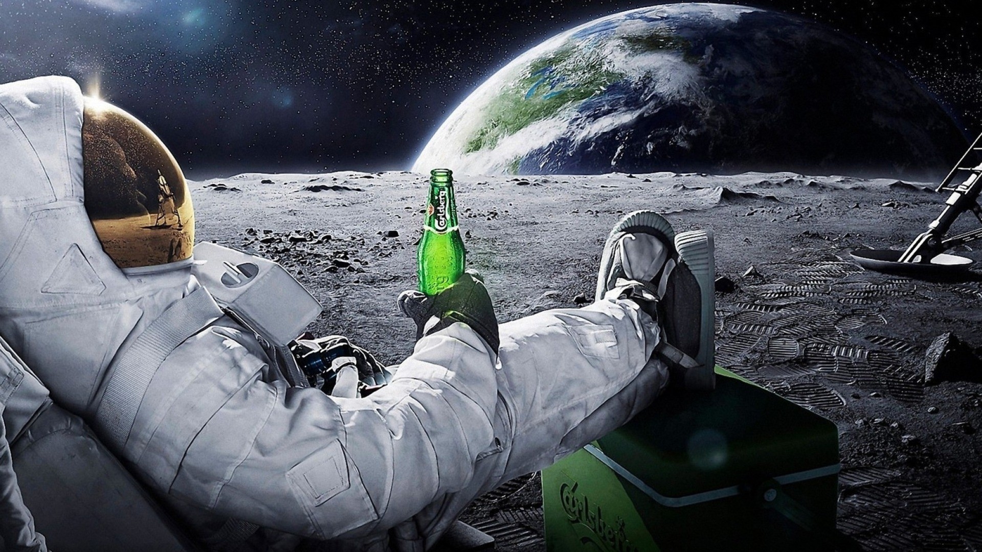 General 1920x1080 Moon astronaut Earth planet space Carlsberg brand bottles beer humor advertisements