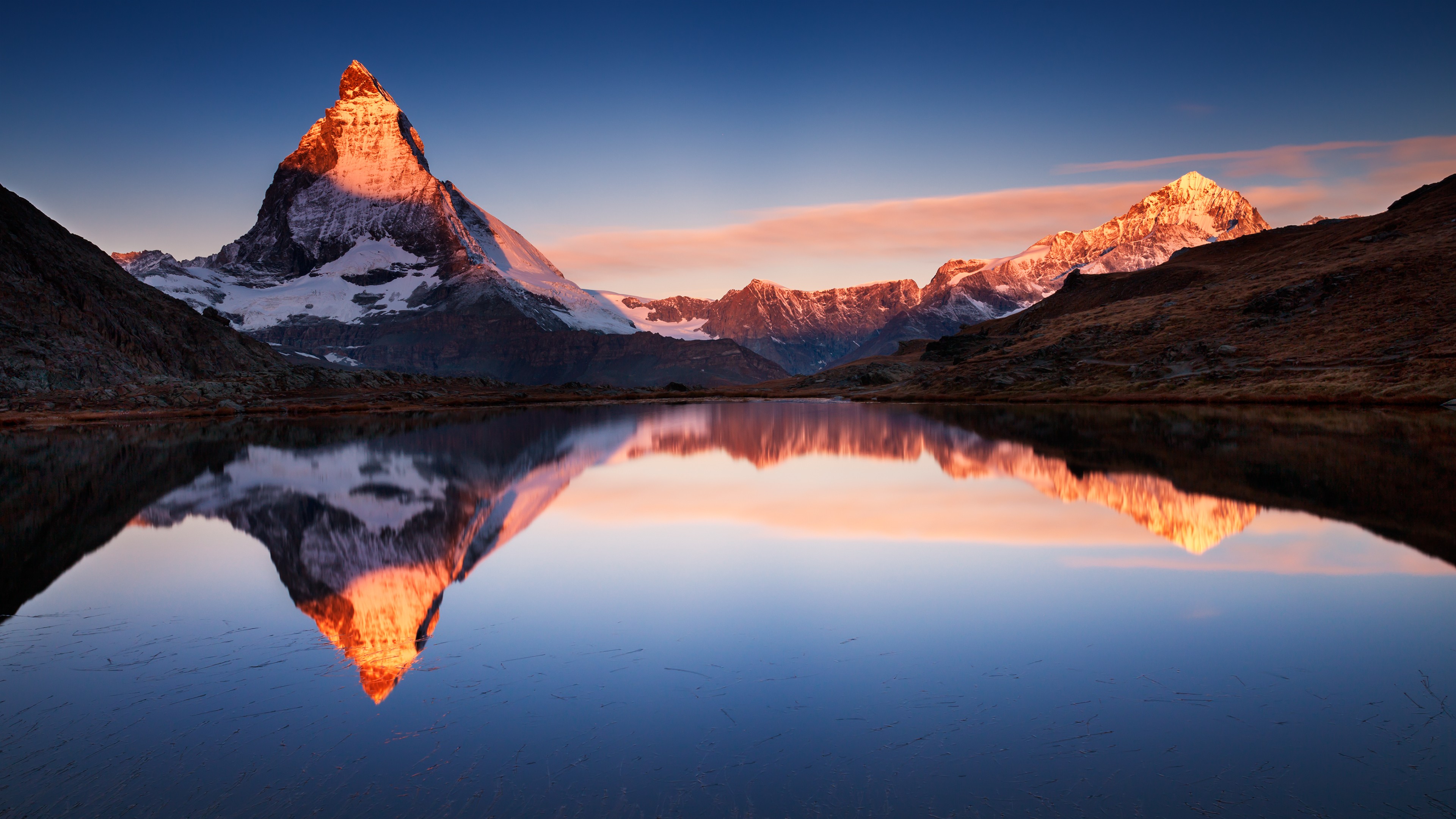 General 3840x2160 landscape nature lake reflection Matterhorn snowy peak Alps calm waters Swiss Alps Switzerland