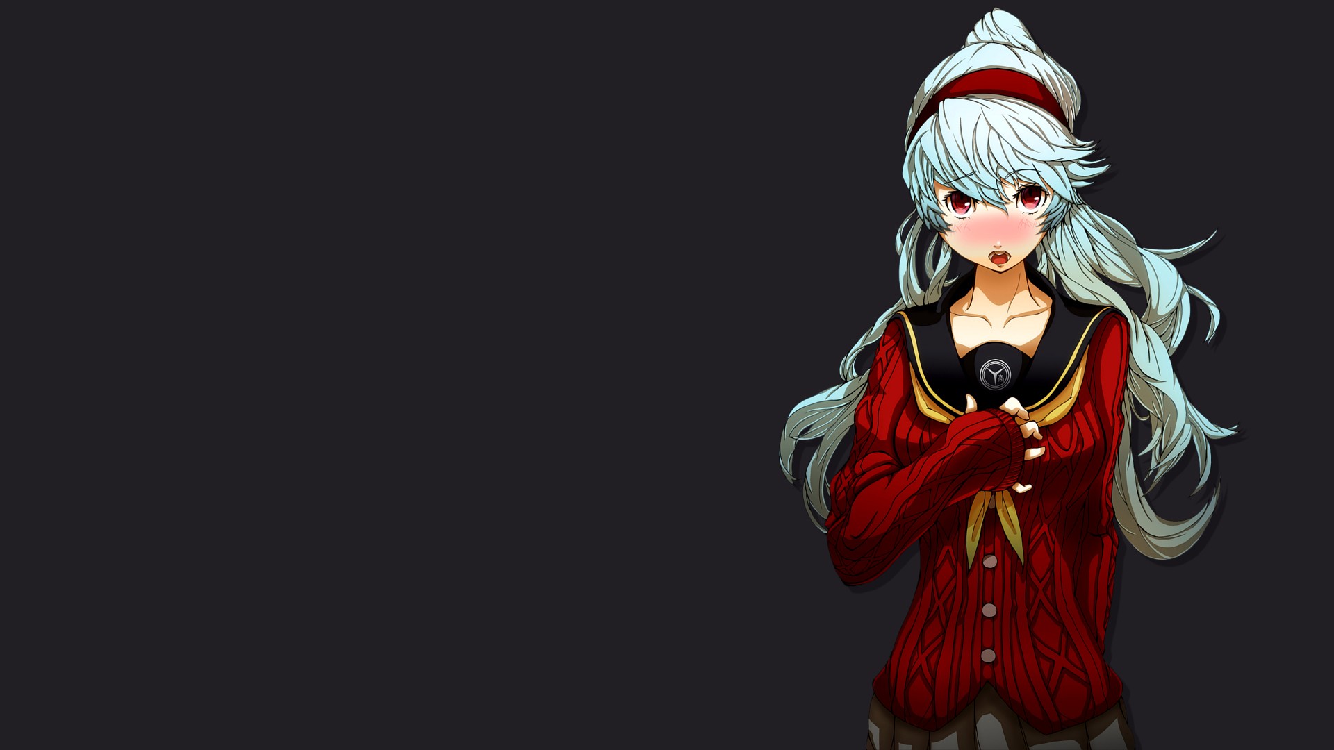 Anime 1920x1080 anime anime girls Persona 4 Arena Labrys video games red clothing long hair open mouth red eyes simple background