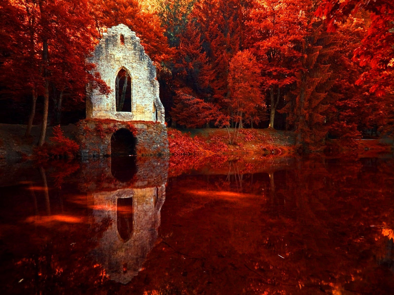 General 1600x1200 fall water reflection trees red outdoors ruins