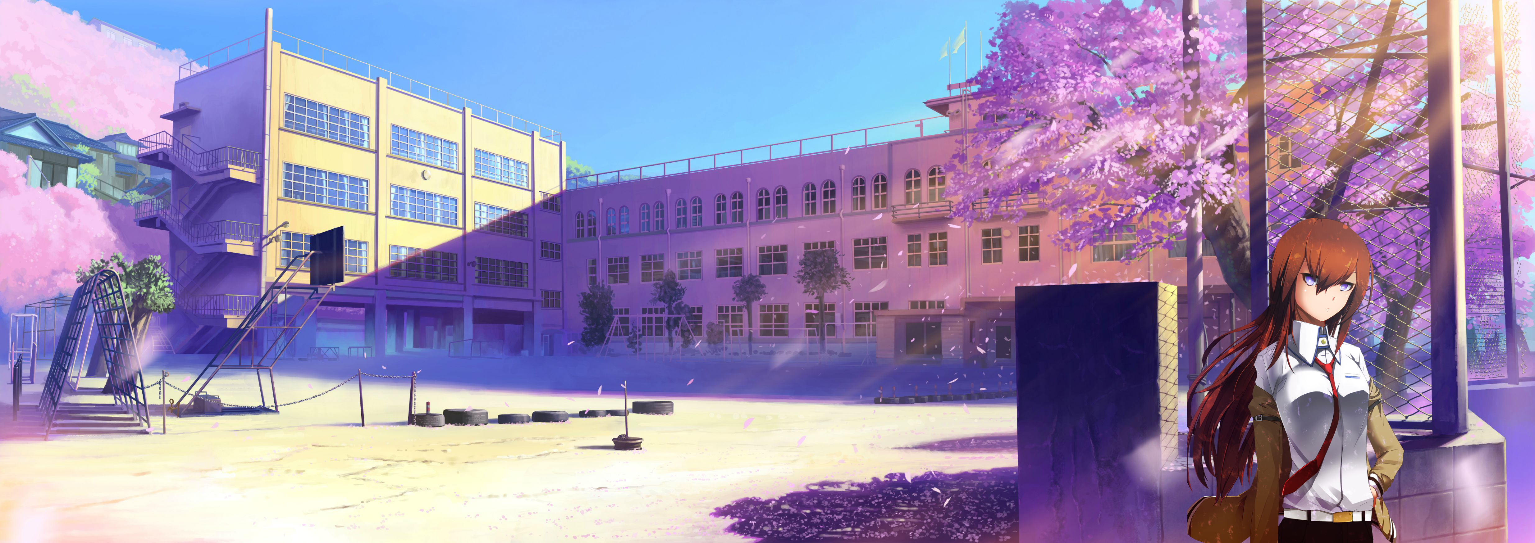 Anime 4941x1749 school cherry blossom clear sky Steins;Gate anime building