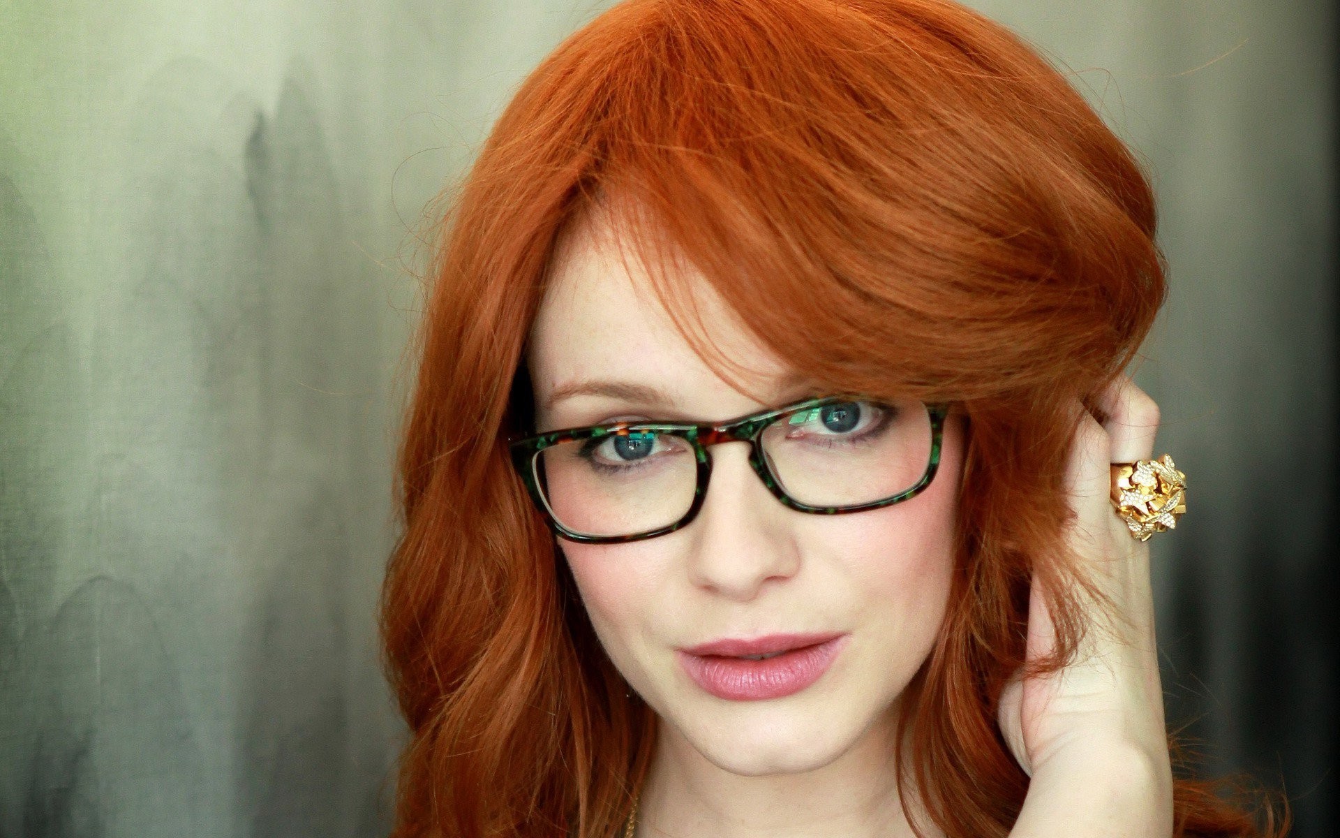 People 1920x1200 Christina Hendricks redhead women with glasses hands in hair closeup actress women looking at viewer rings women indoors indoors