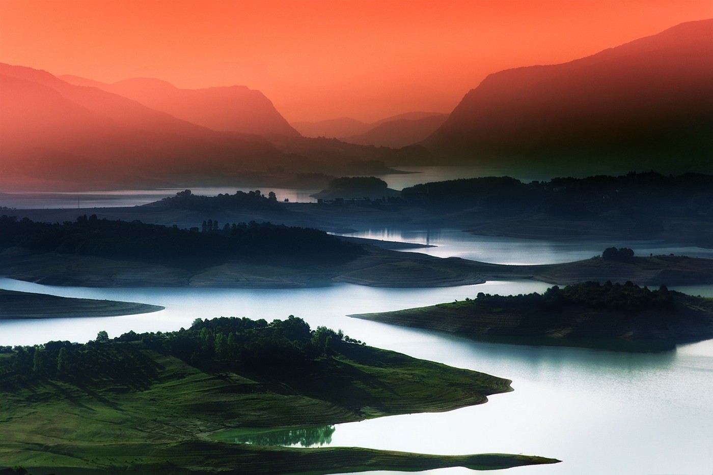 General 1400x934 nature landscape lake mountains mist red sky blue water green field trees Bosnia and Herzegovina