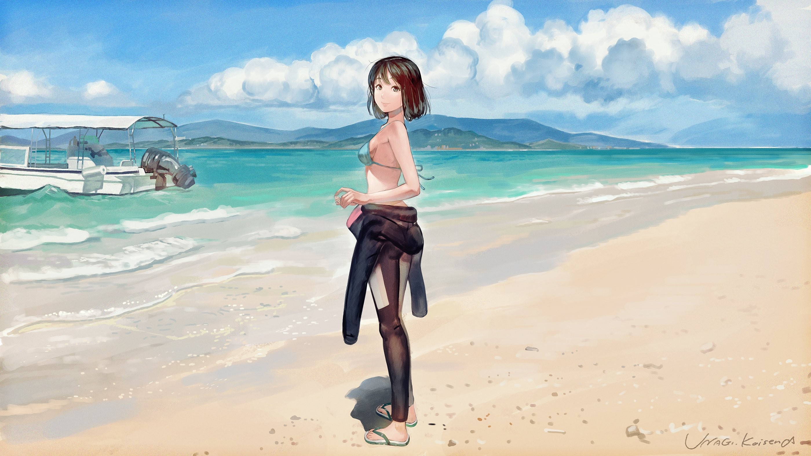 Original Characters Standing Women Outdoors Brunette Anime Anime Girls Beach Bikini Top