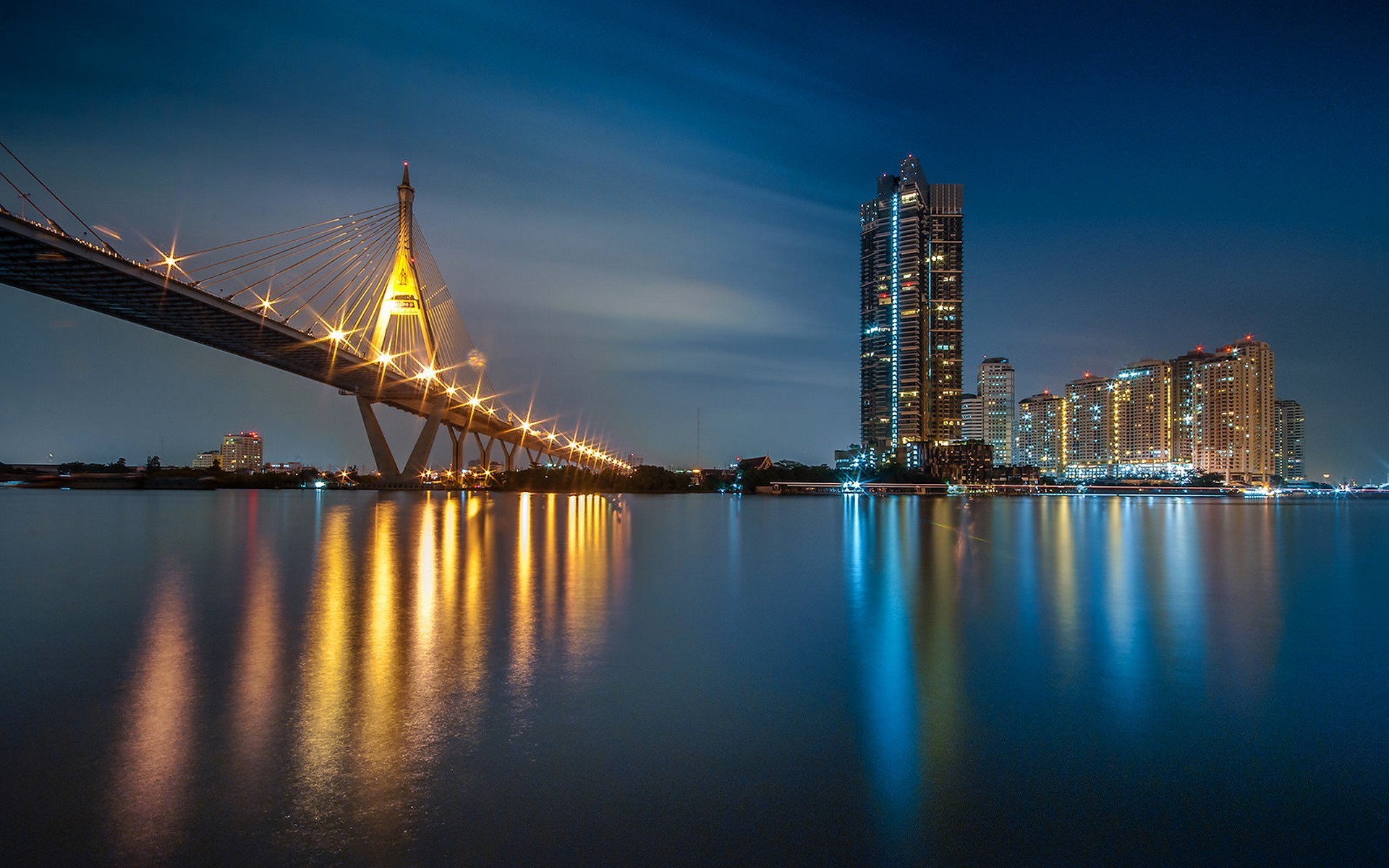 General 1920x1200 city Thailand bridge water sky cityscape Asia skyline reflection lights city lights