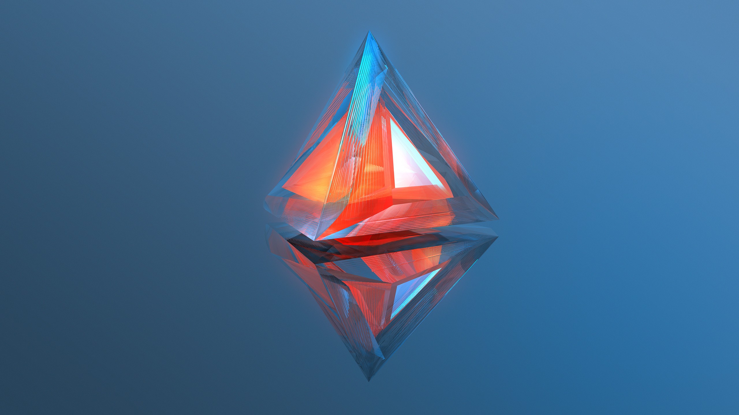 General 2560x1440 digital art abstract minimalism geometry blue background CGI triangle reflection warm colors MKBHD blue red