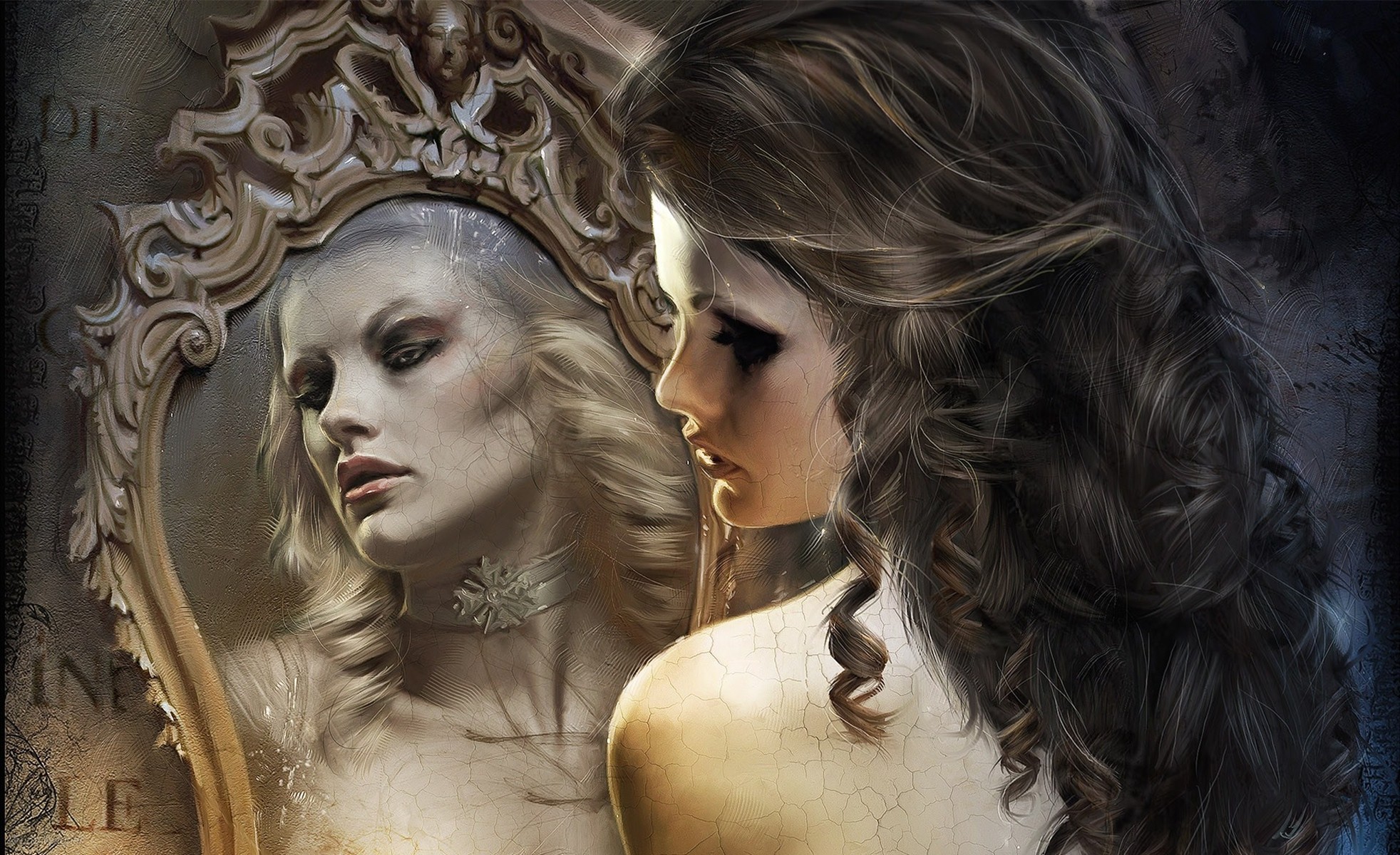 General 1964x1200 mirror artwork fantasy art women brunette blonde face digital art