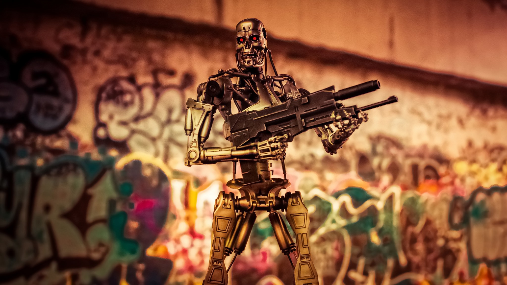 General 2048x1152 toys endoskeleton Terminator action figures cyborg machine graffiti movie characters