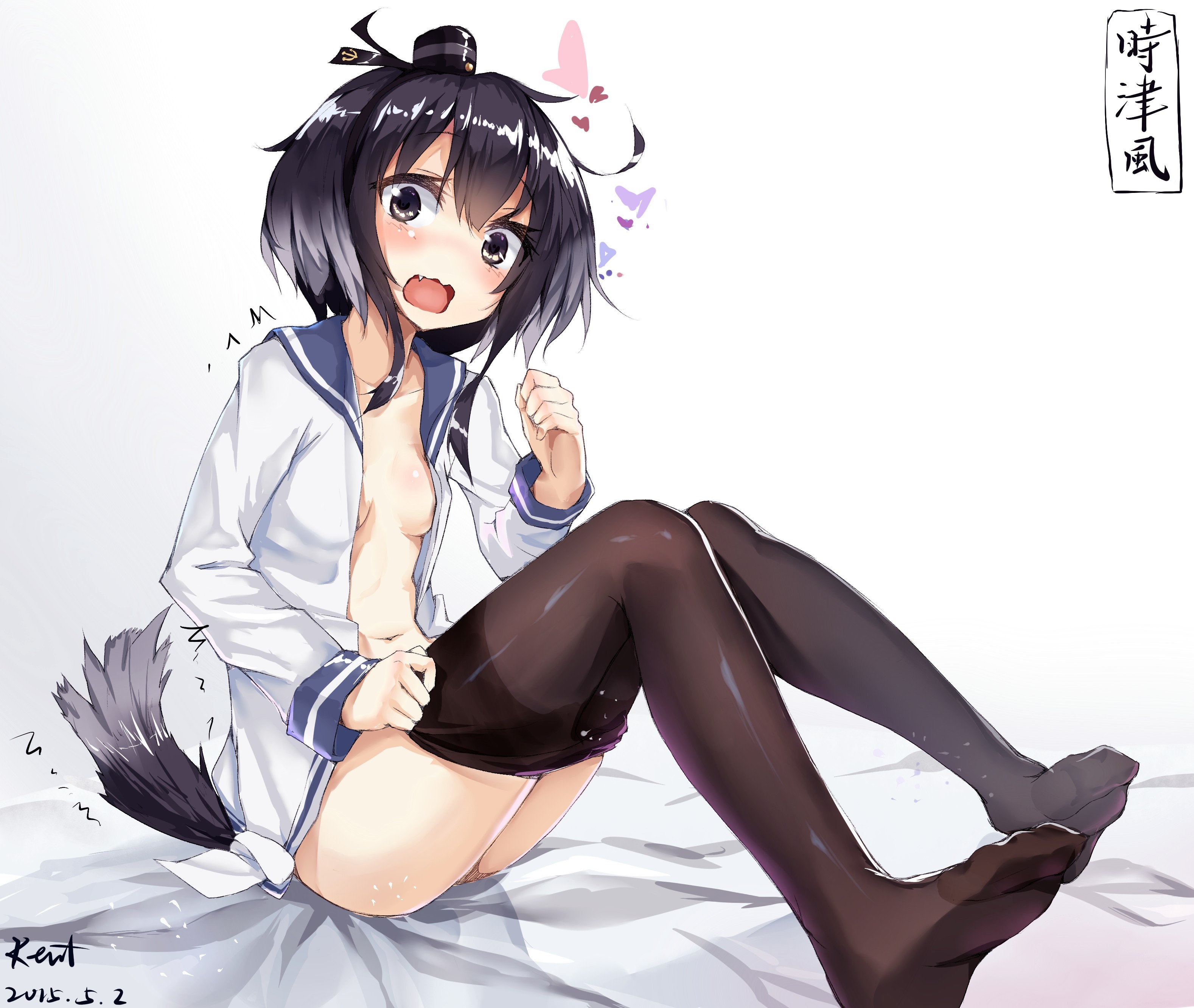 Anime 3156x2665 ecchi anime girls pantyhose Tokitsukaze (KanColle)  Kantai Collection undressing tail anime black pantyhose embarrassed boobs small boobs sitting legs looking at viewer dark hair partially clothed quantum panties