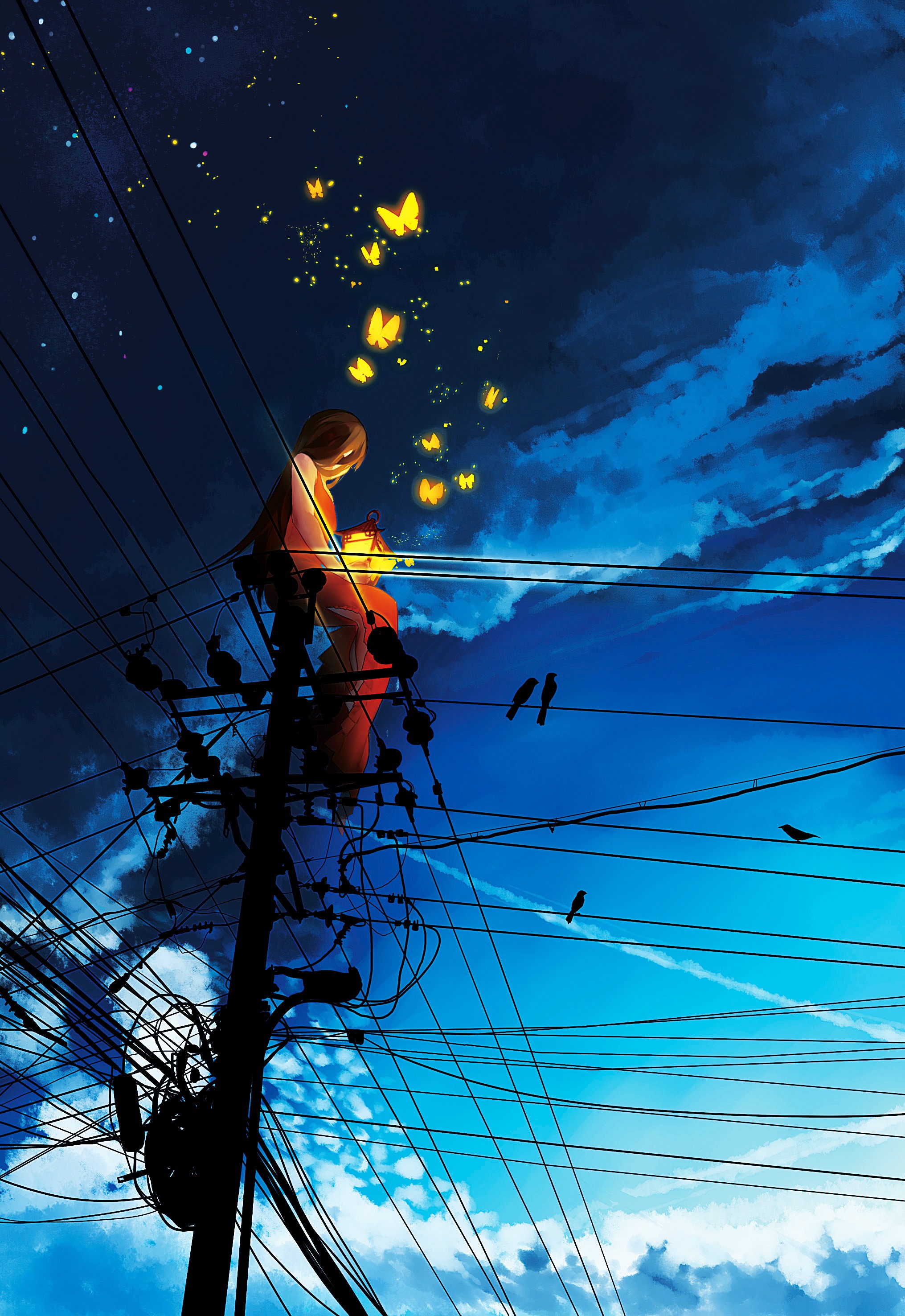 Anime 2031x2952 butterfly original characters anime sky anime girls blue cyan gold women outdoors power lines outdoors lantern