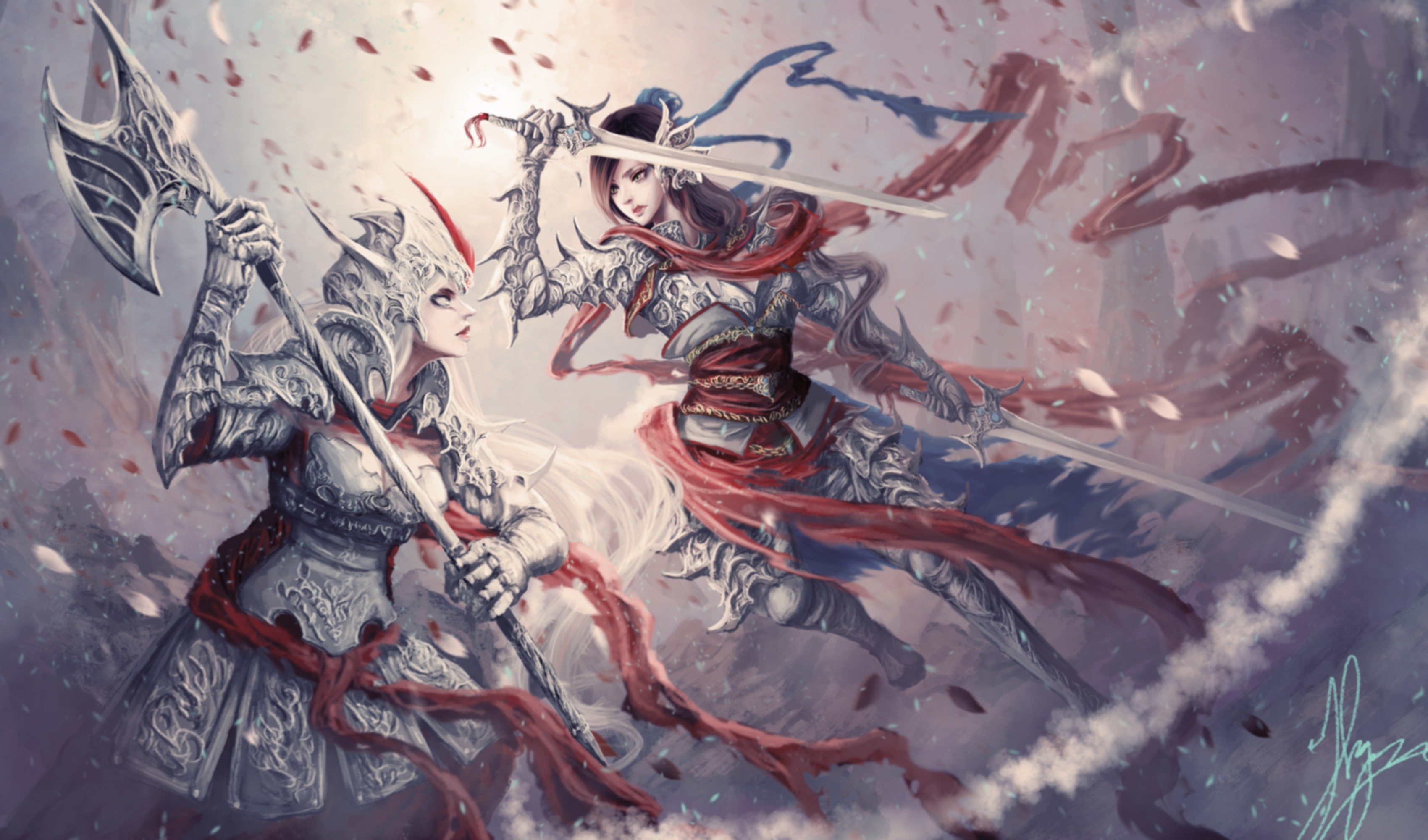 General 3400x2000 fantasy art fantasy girl battle armor artwork sword women with swords two women