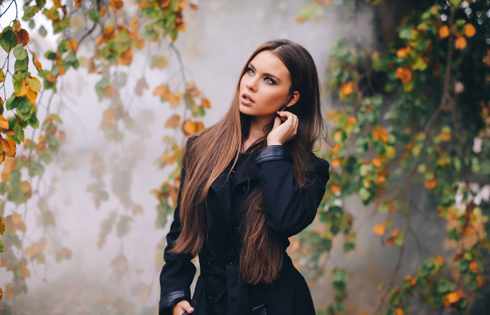 People 2048x1318 women open mouth looking away model brunette blue eyes long hair women outdoors David Olkarny black coat coats looking into the distance trench coat hands in pockets touching hair Tiziana Di Garbo looking up straight hair mist glamour outdoors classy