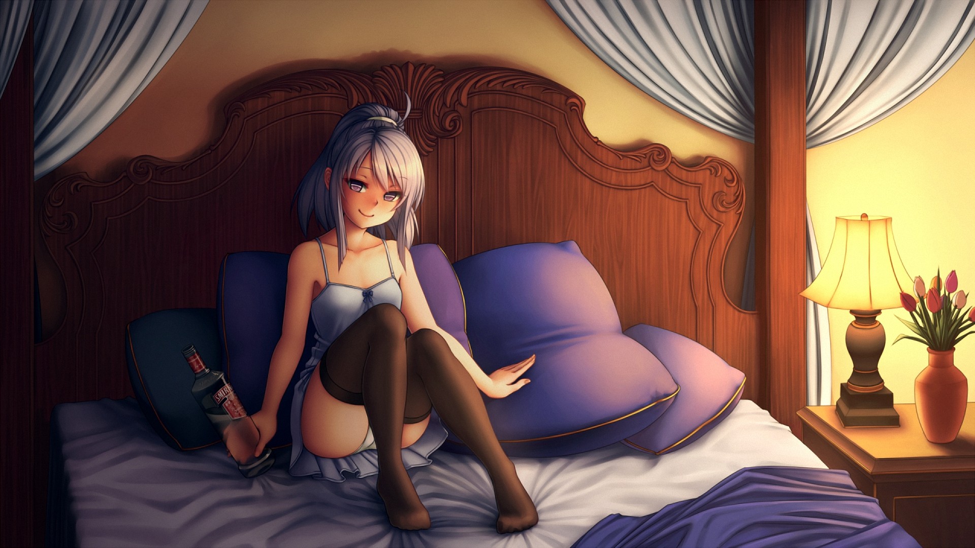 Anime 1920x1080 anime girls in bed looking at viewer vodka thigh-highs Mnemosyne: Mnemosyne no Musume-tachi anime alcohol bottles underwear women indoors women indoors stockings black stockings smiling bed lamp flowers vases
