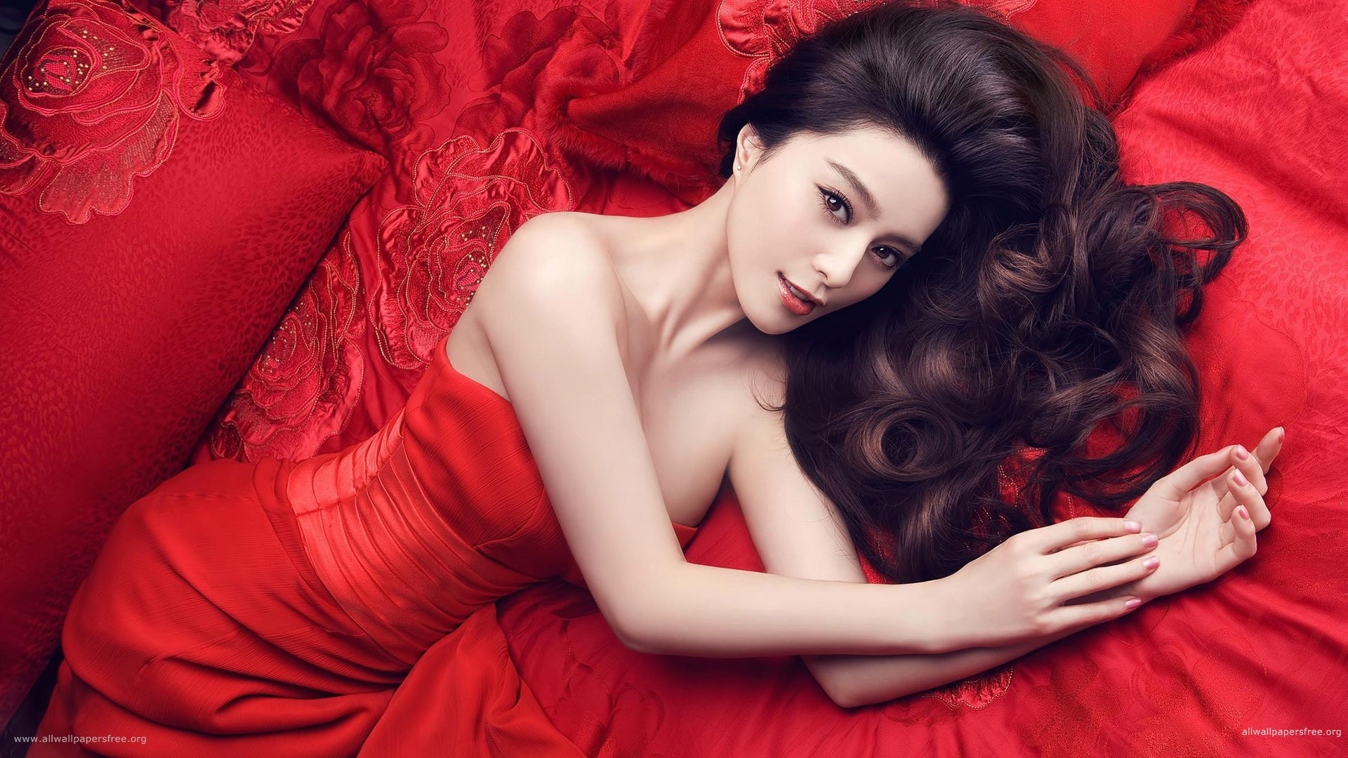 People 1920x1080 women red dress Fan Bingbing long hair bare shoulders Asian women indoors dress