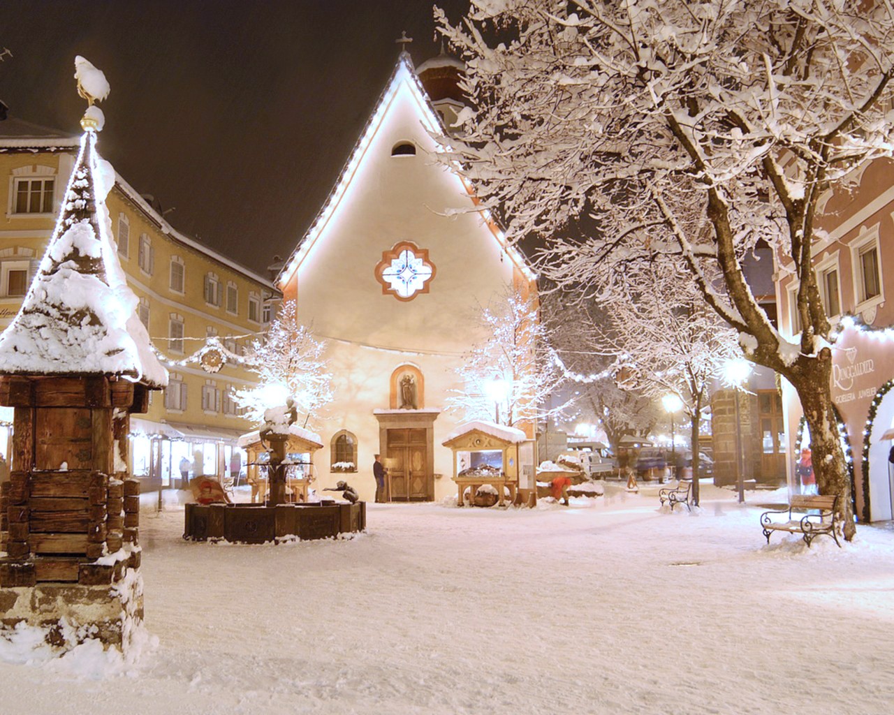 General 1280x1024 snow church winter city street light town square