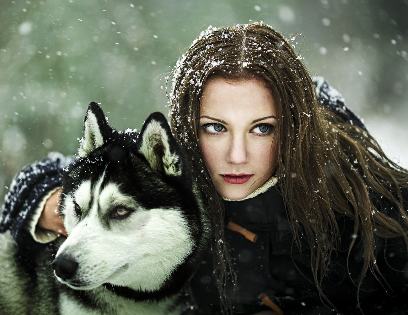 People 1300x1004 women brunette blue eyes red lipstick animals wolf snow winter Siberian Husky  black coat wet hair women with dogs fantasy girl cold outdoors mammals