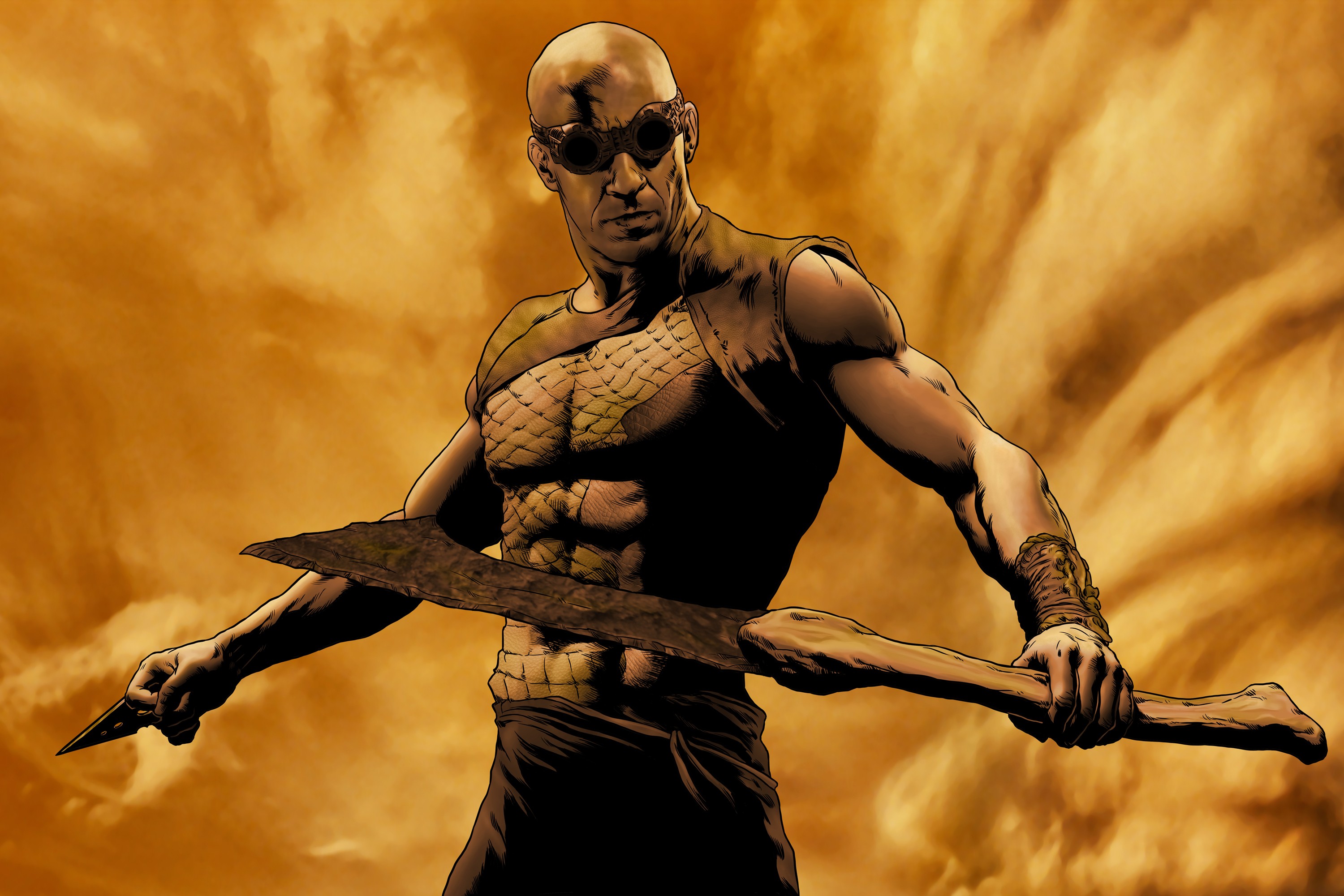 General 3000x2001 Vin Diesel artwork actor Riddick movie characters movies Science Fiction Men men weapon
