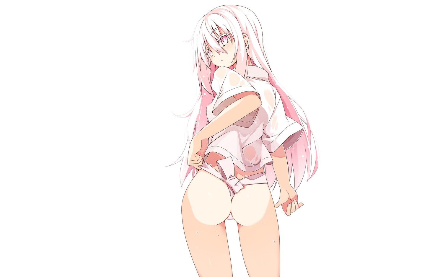 Anime 1500x938 pink hair Hata no Kokoro Touhou ass rear view women white background simple background long hair pink eyes anime girls standing anime looking over shoulder