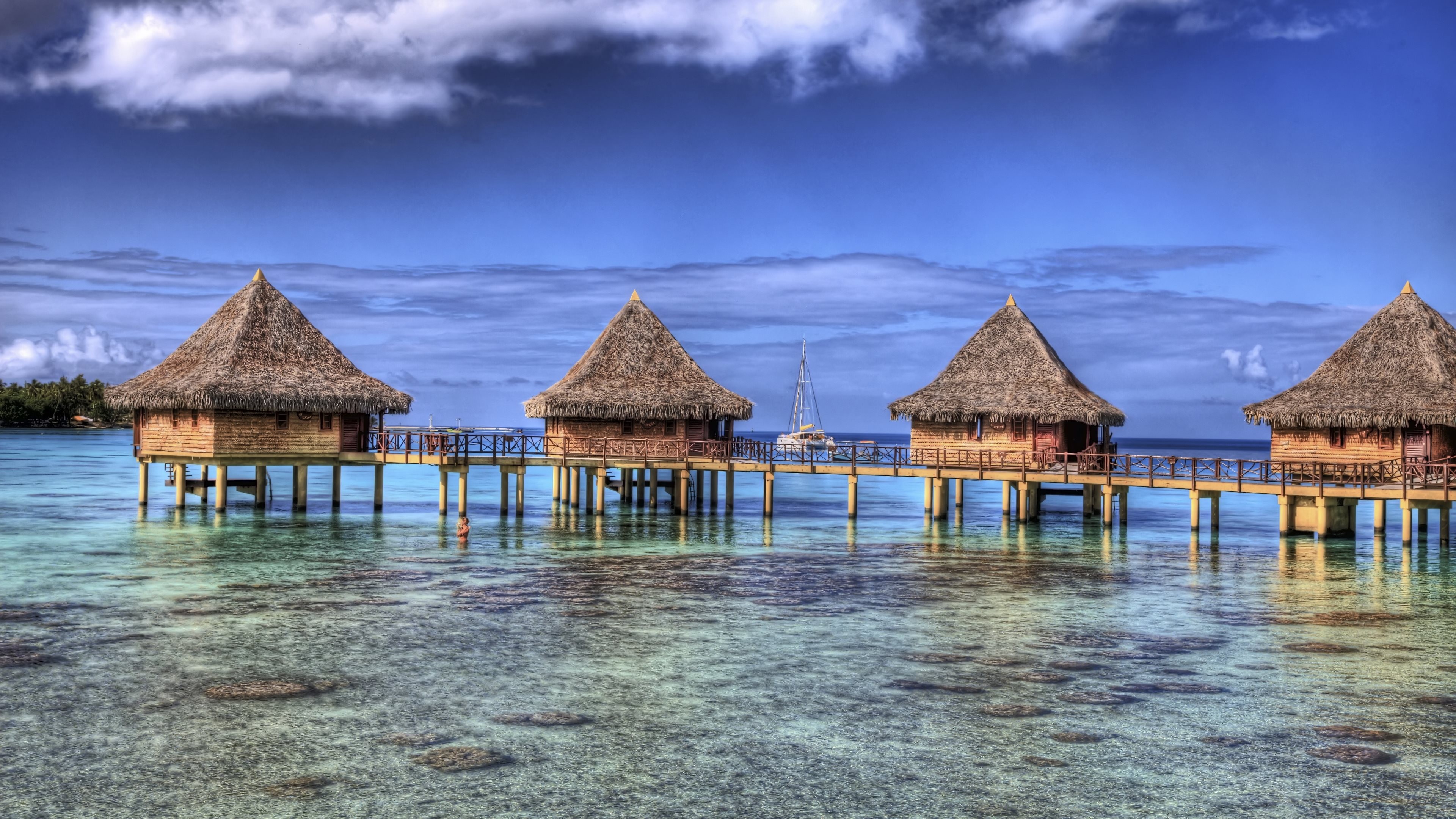 General 3840x2160 nature resort French Polynesia bungalow sea beach atols island tropical summer