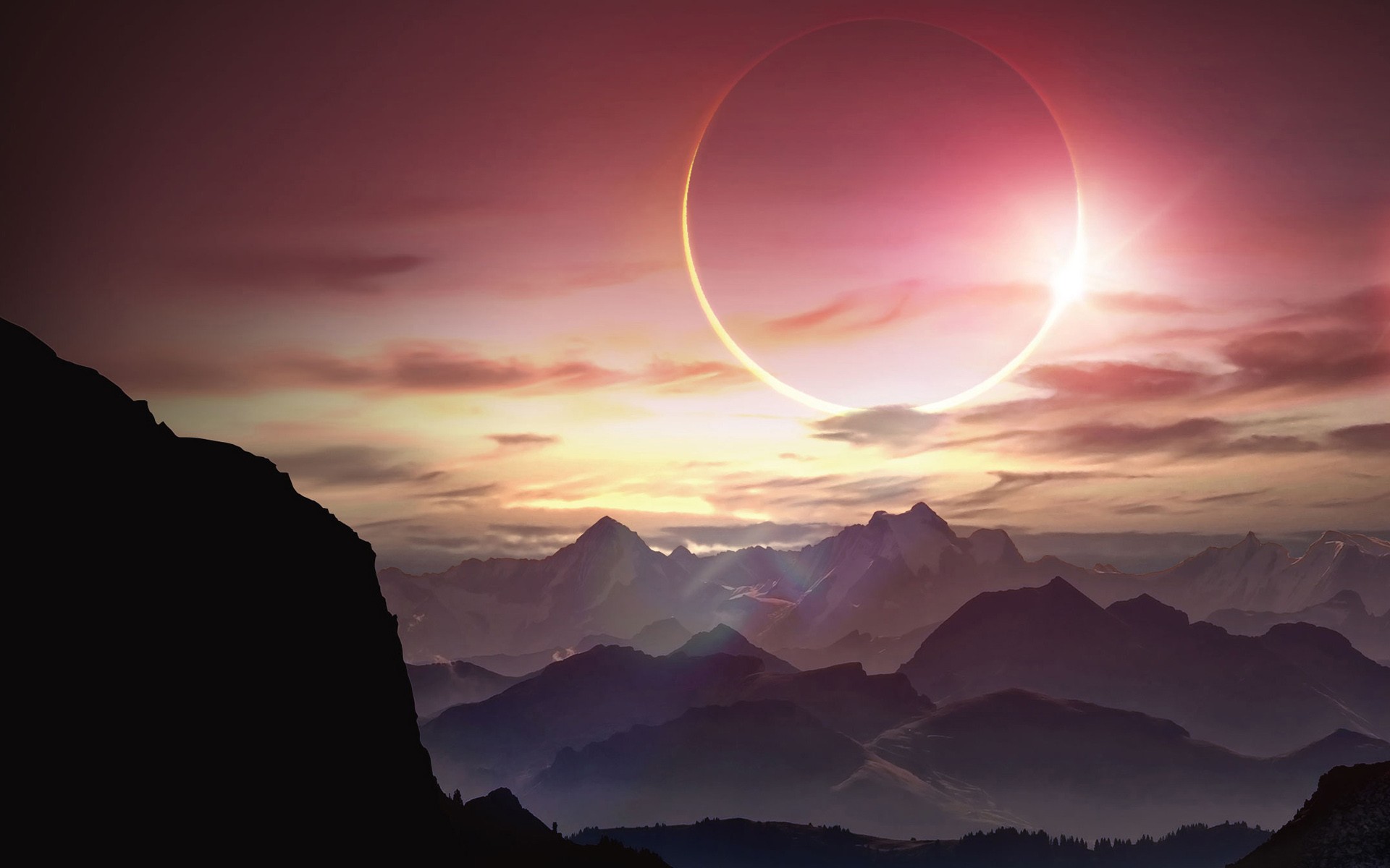 General 1920x1200 eclipse  solar eclipse artwork fantasy art mountains landscape Sun nature sky sunlight