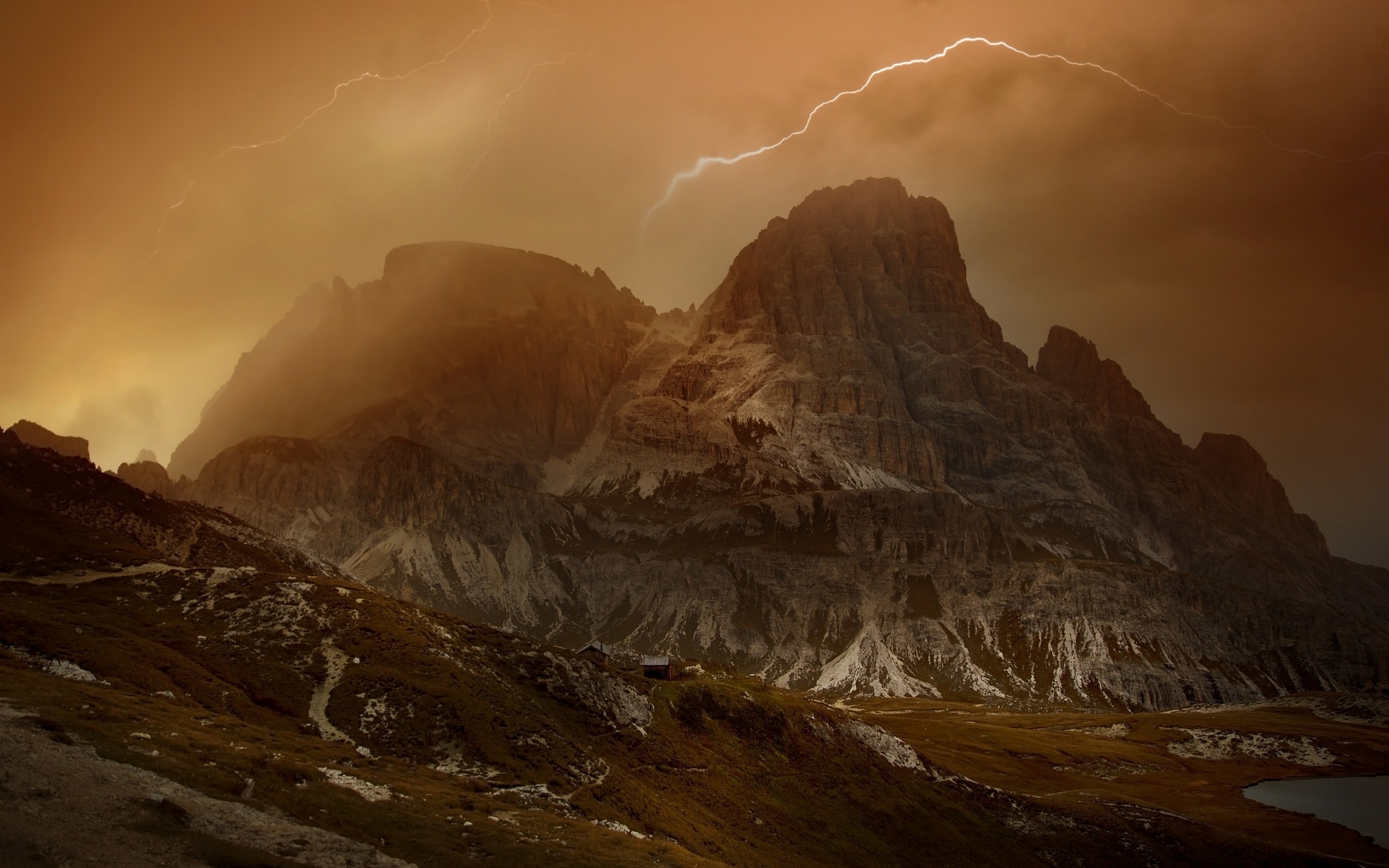 General 2500x1563 nature landscape lightning Dolomites Italy mist sky clouds storm cabin summer lake mountains water
