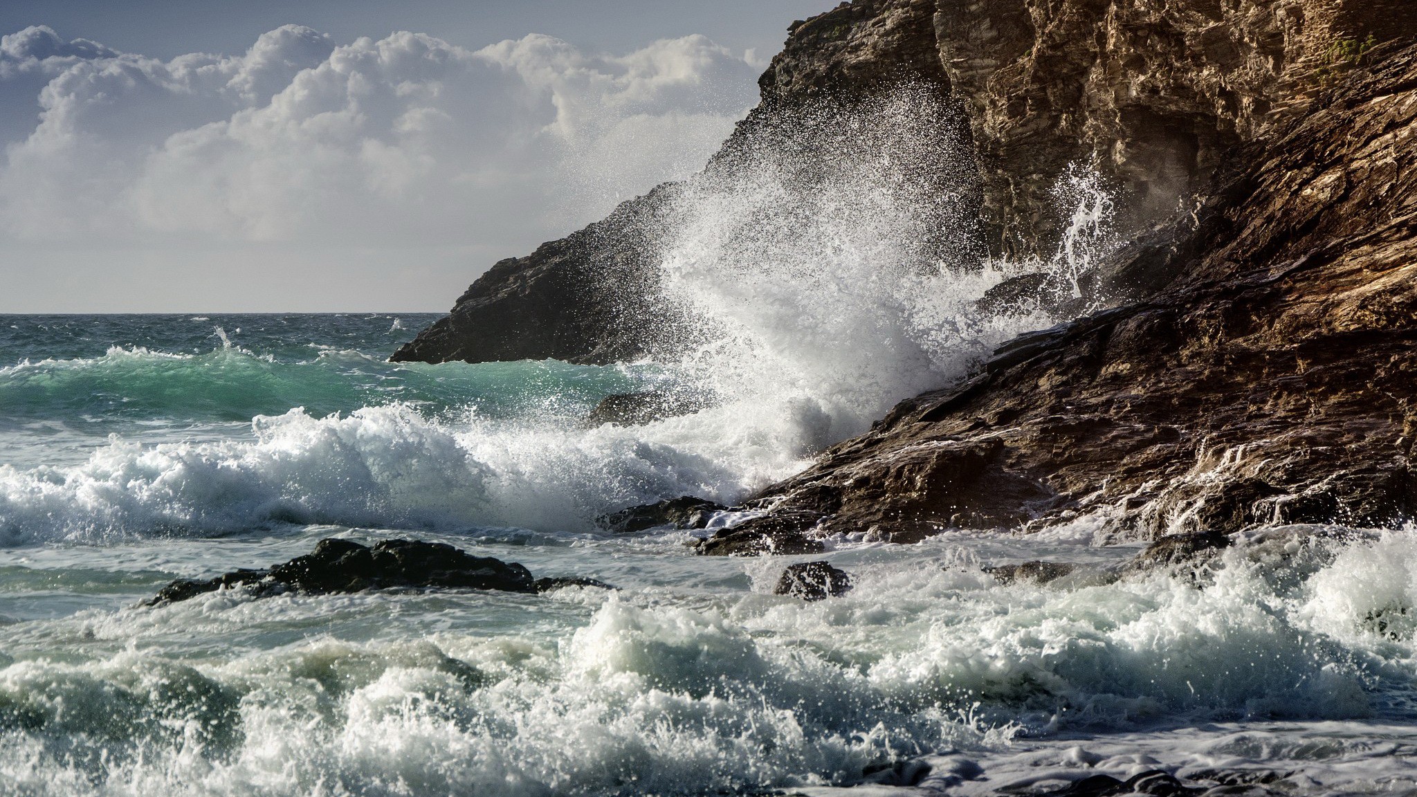General 2048x1152 nature coast sea waves cliff rocks