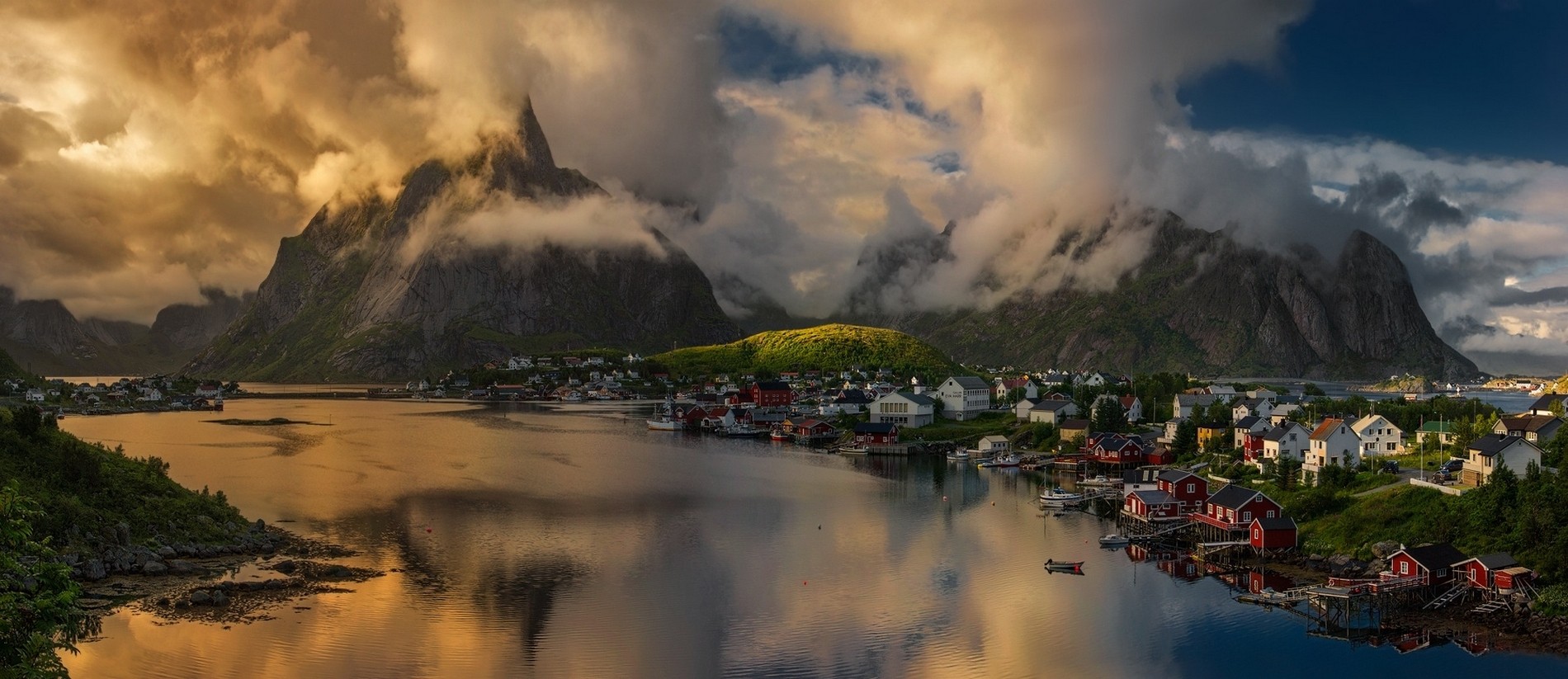 General 1900x823 nature landscape Norway sunset clouds mountains town island Lofoten sea fjord sunlight summer boat nordic landscapes