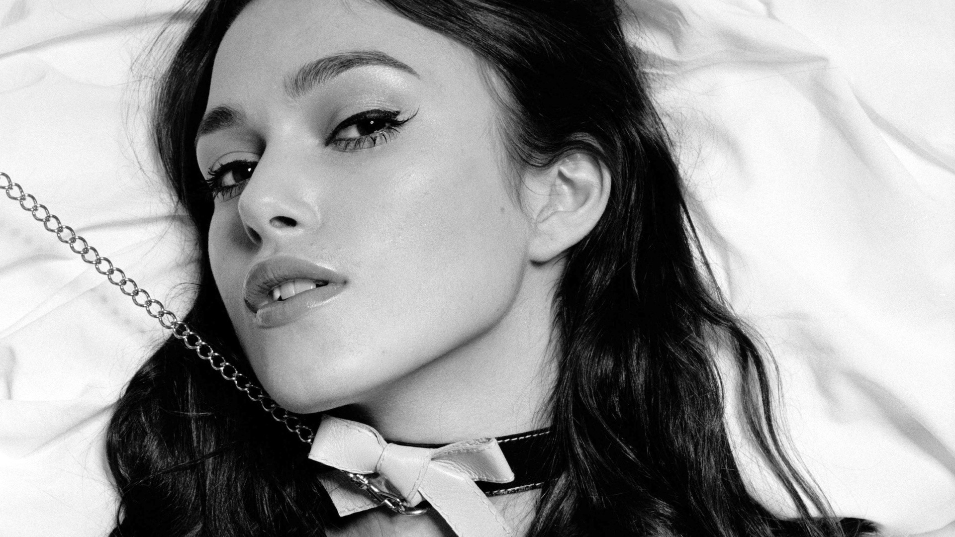 People 1920x1080 portrait eyes monochrome choker leash collar actress looking at viewer women indoors indoors face makeup Keira Knightley women