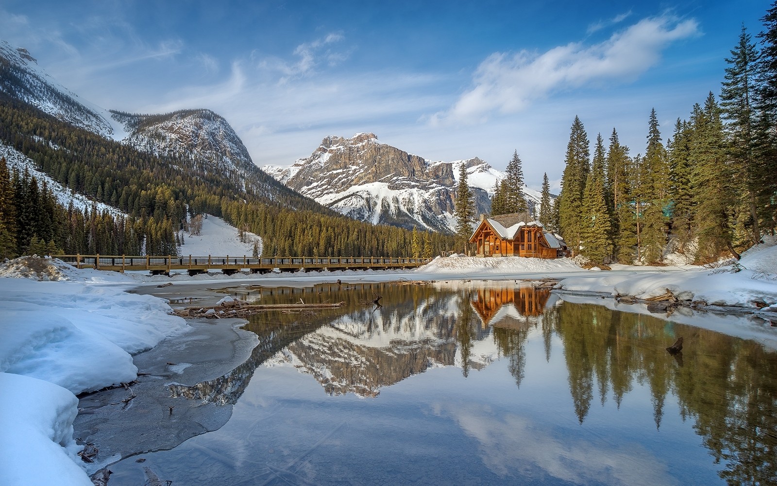 General 1600x1000 nature landscape lake cabin winter mountains snow reflection forest sunset British Columbia water Canada