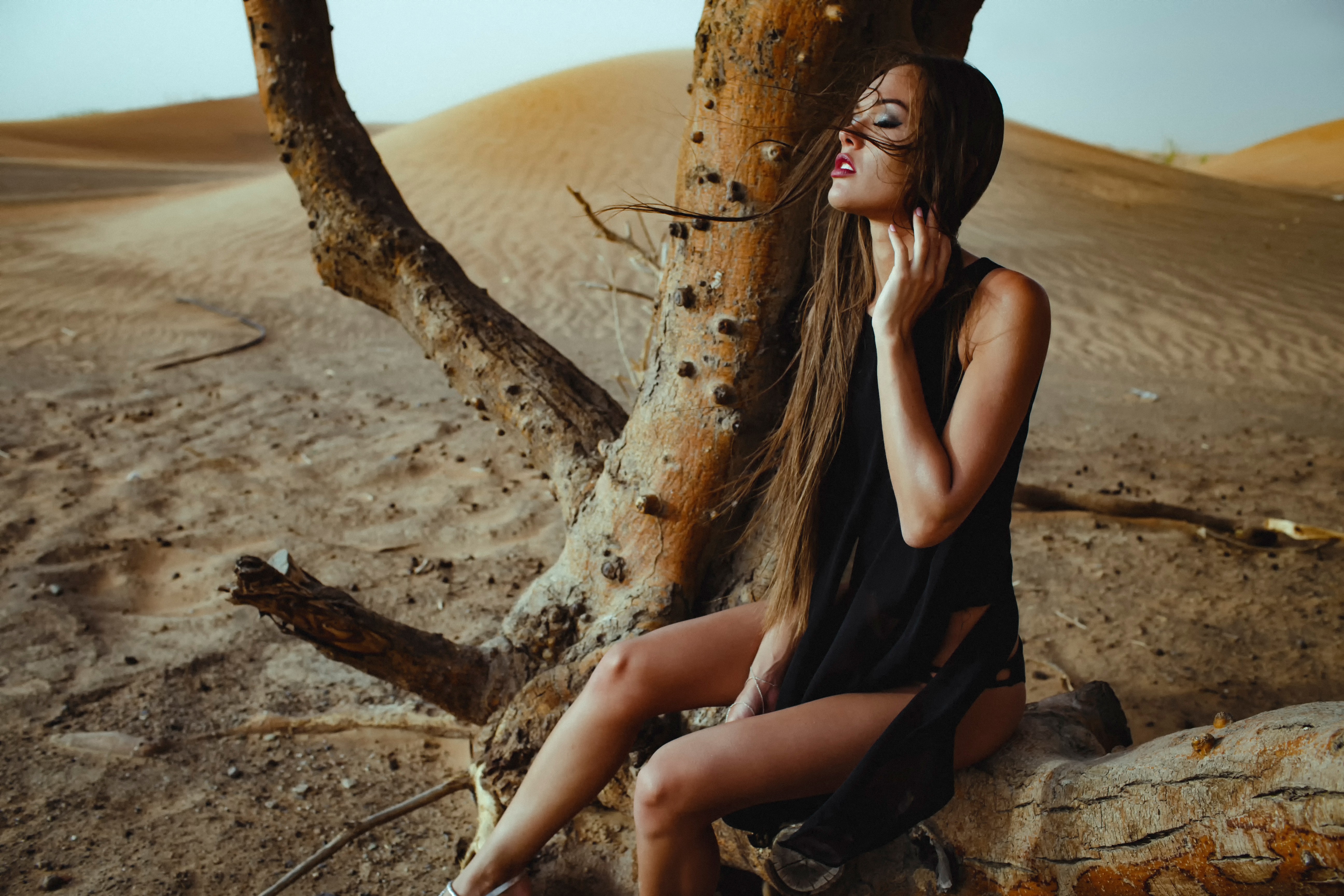 People 5184x3456 women brunette long hair closed eyes black clothing desert parted lips sitting dead trees sand landscape makeup model sensual gaze