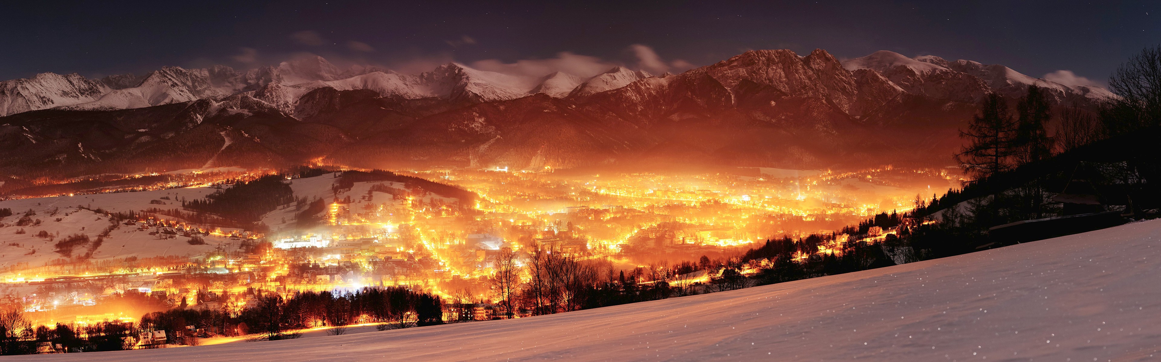 General 3840x1200 Poland landscape mountains valley lights glowing winter multiple display night dual monitors city lights snowy peak snowy mountain cold ice snow outdoors nature
