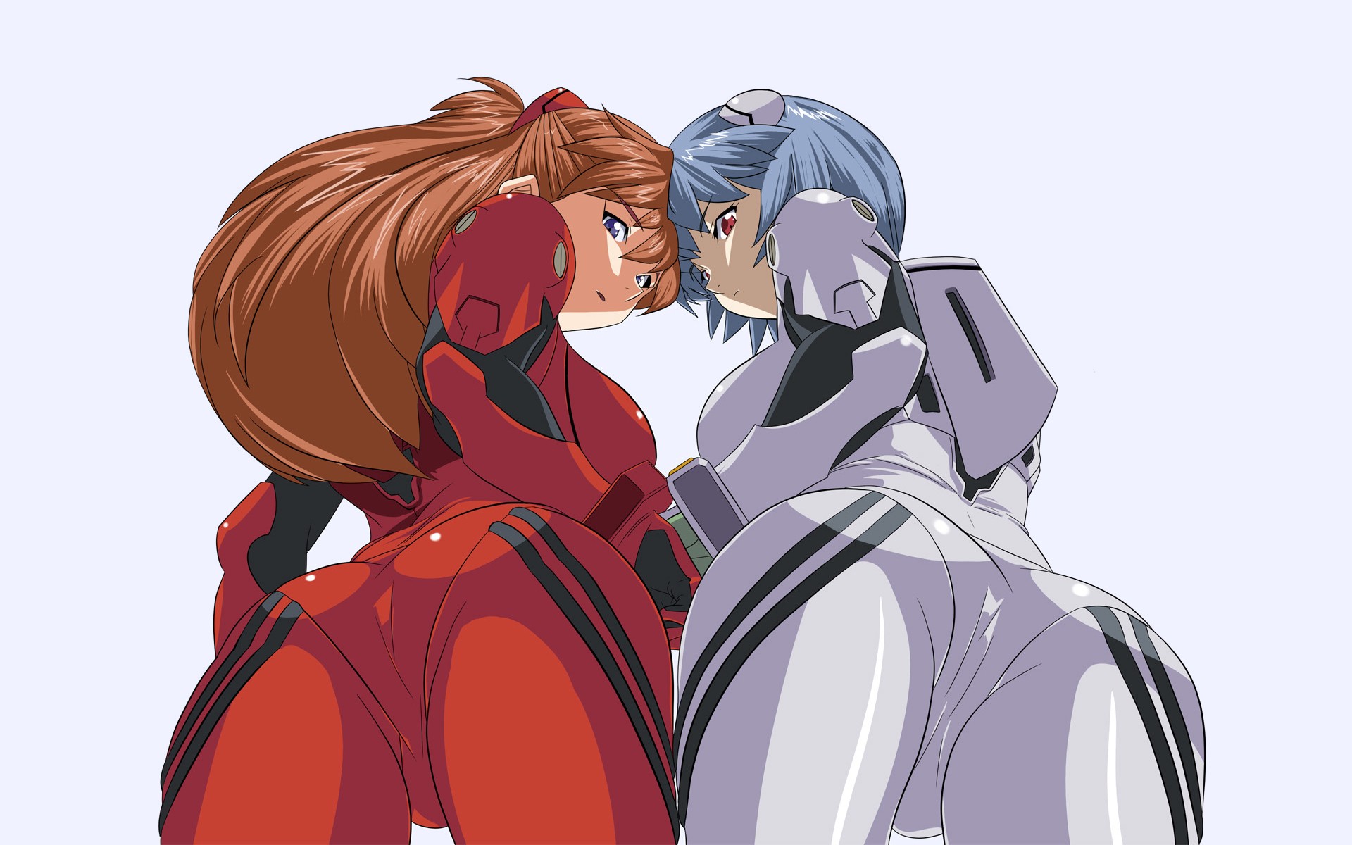 Anime 1920x1200 Neon Genesis Evangelion Ayanami Rei Asuka Langley Soryu low-angle anime girls ass brunette blue hair white background simple background two women rear view standing