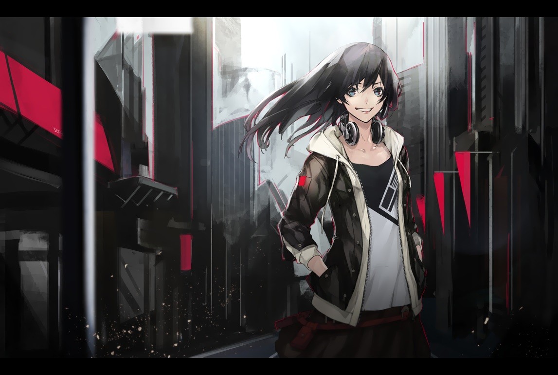 Anime 1147x770 anime girls anime headphones jacket yucca-612 smiling black hair standing looking at viewer city