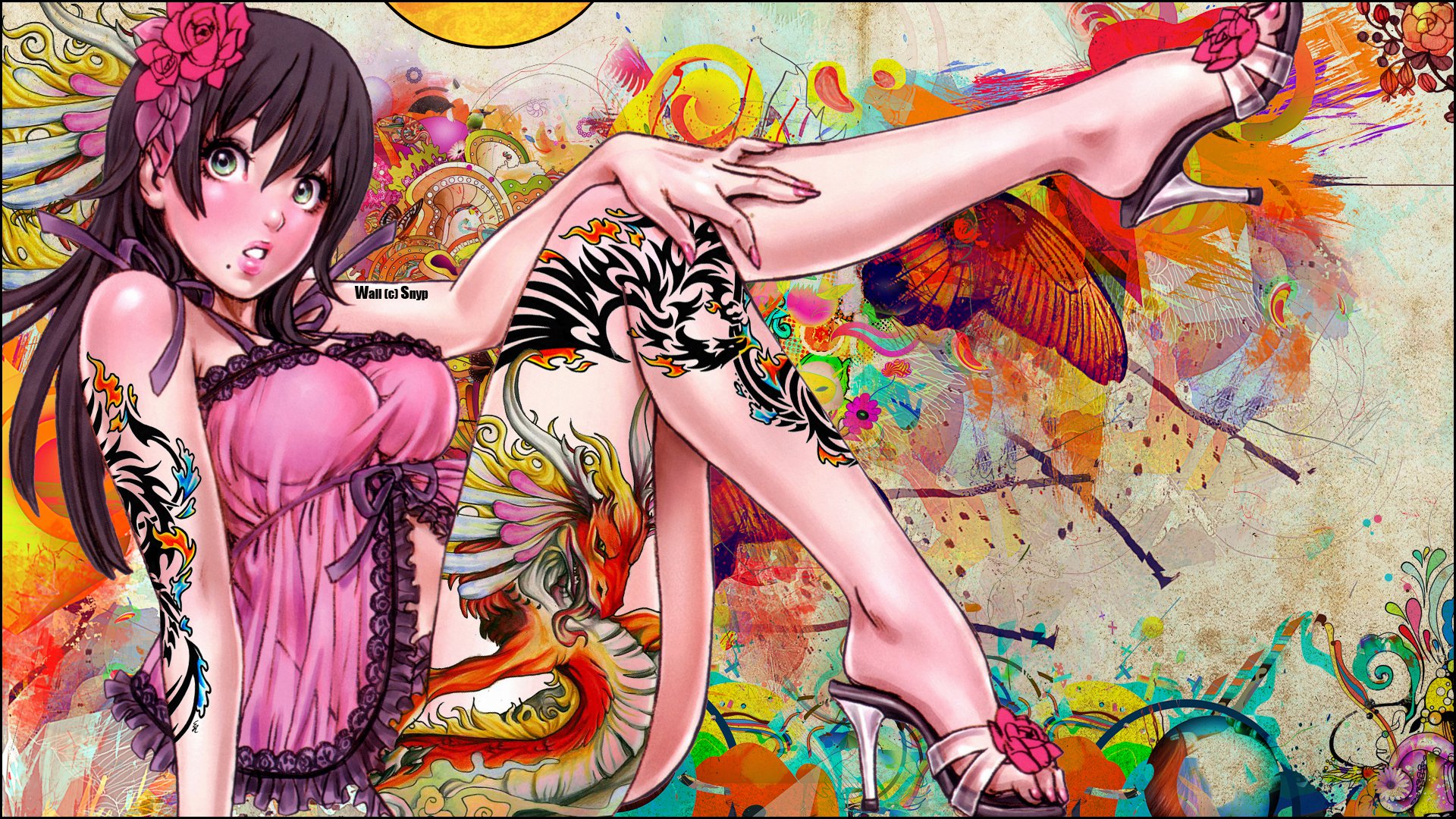 Anime 1920x1080 anime original characters anime girls colorful Snyp ecchi tattoo big boobs legs high heels boobs inked girls flower in hair legs up stilettoes heels flowers lingerie looking at viewer women green eyes painted nails