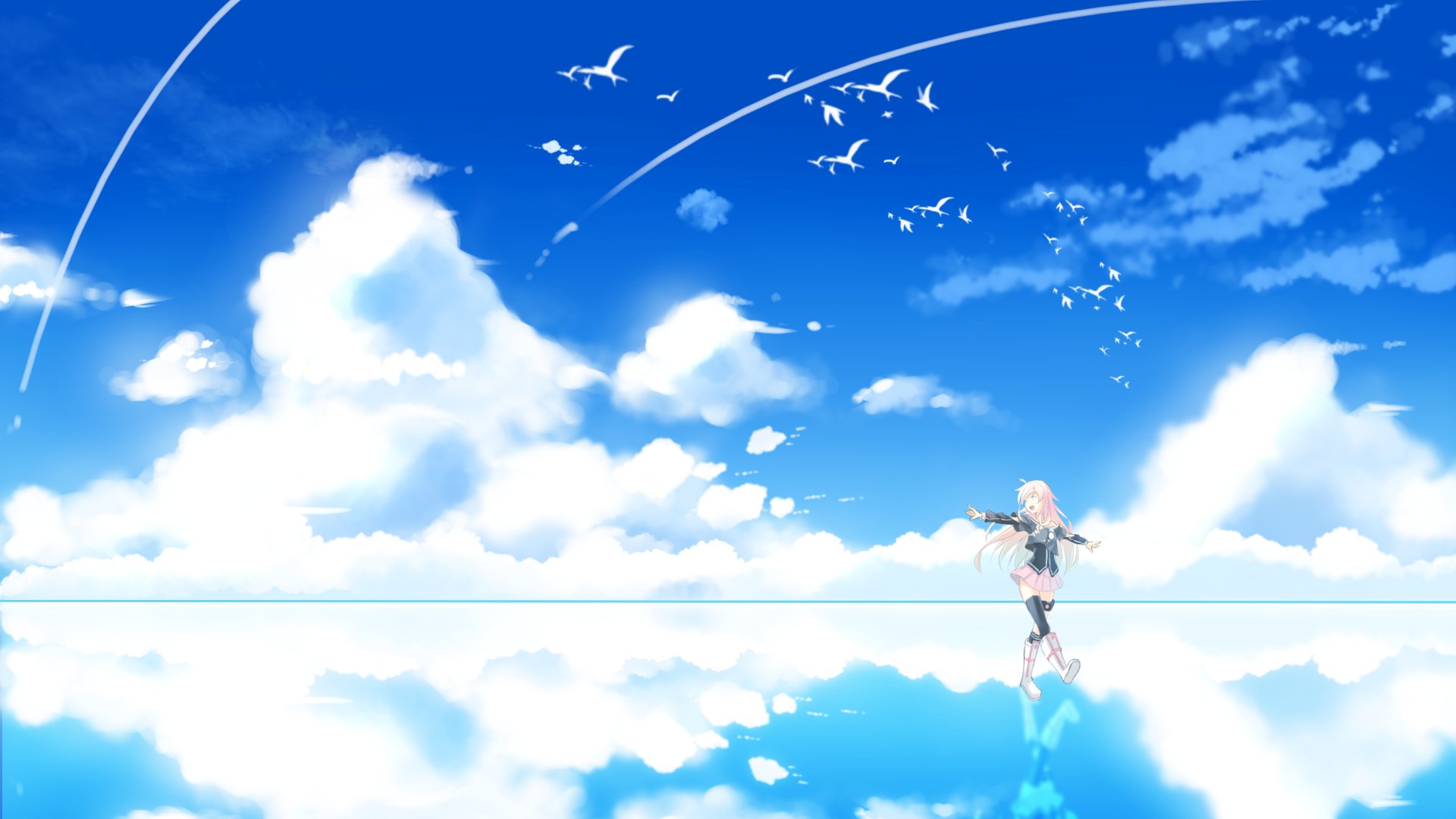 Anime 1920x1080 anime girls Vocaloid IA (Vocaloid) clouds sky birds women outdoors reflection walking animals horizon