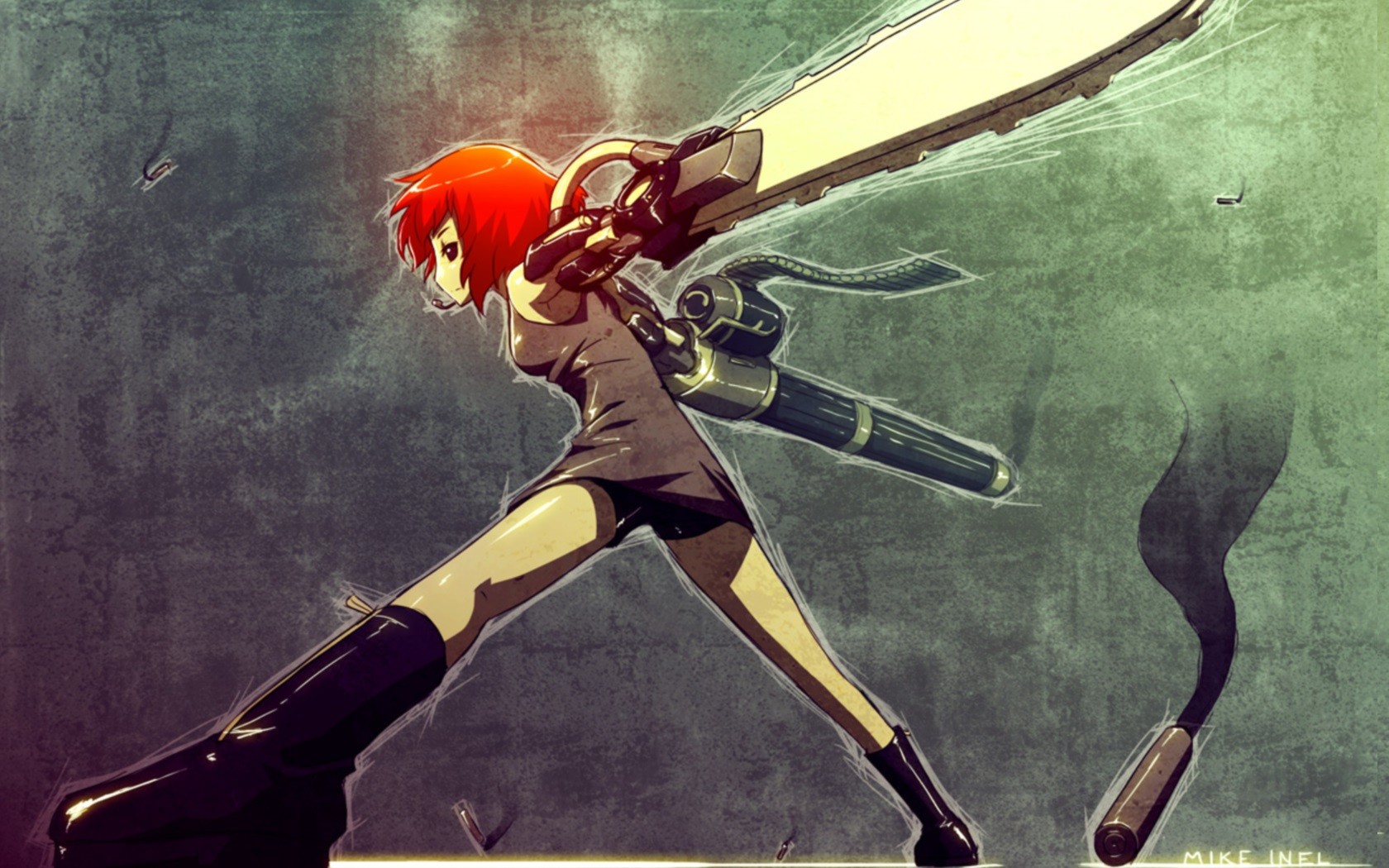 Anime 1680x1050 Katawa Shoujo chainsaws machine gun Rin Tezuka anime girls anime girls with guns redhead spread legs