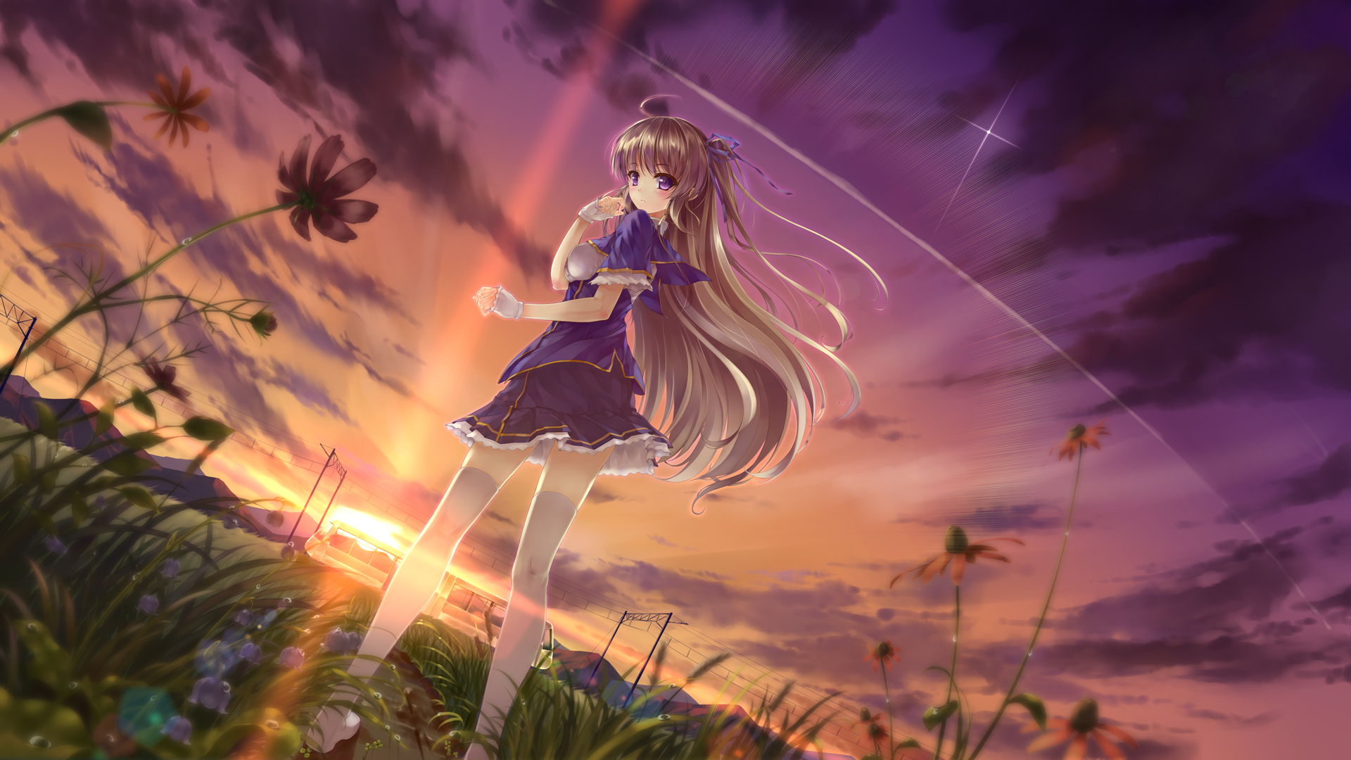 Anime 1920x1080 anime girls anime brunette standing long hair flowers sky plants miniskirt outdoors