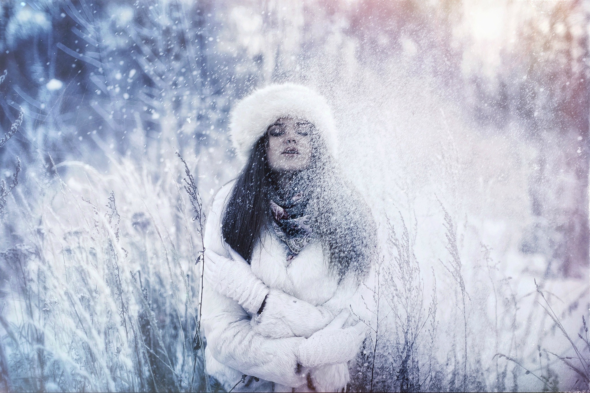 People 2048x1365 women snow brunette long hair model winter grass cold arms crossed outdoors women outdoors