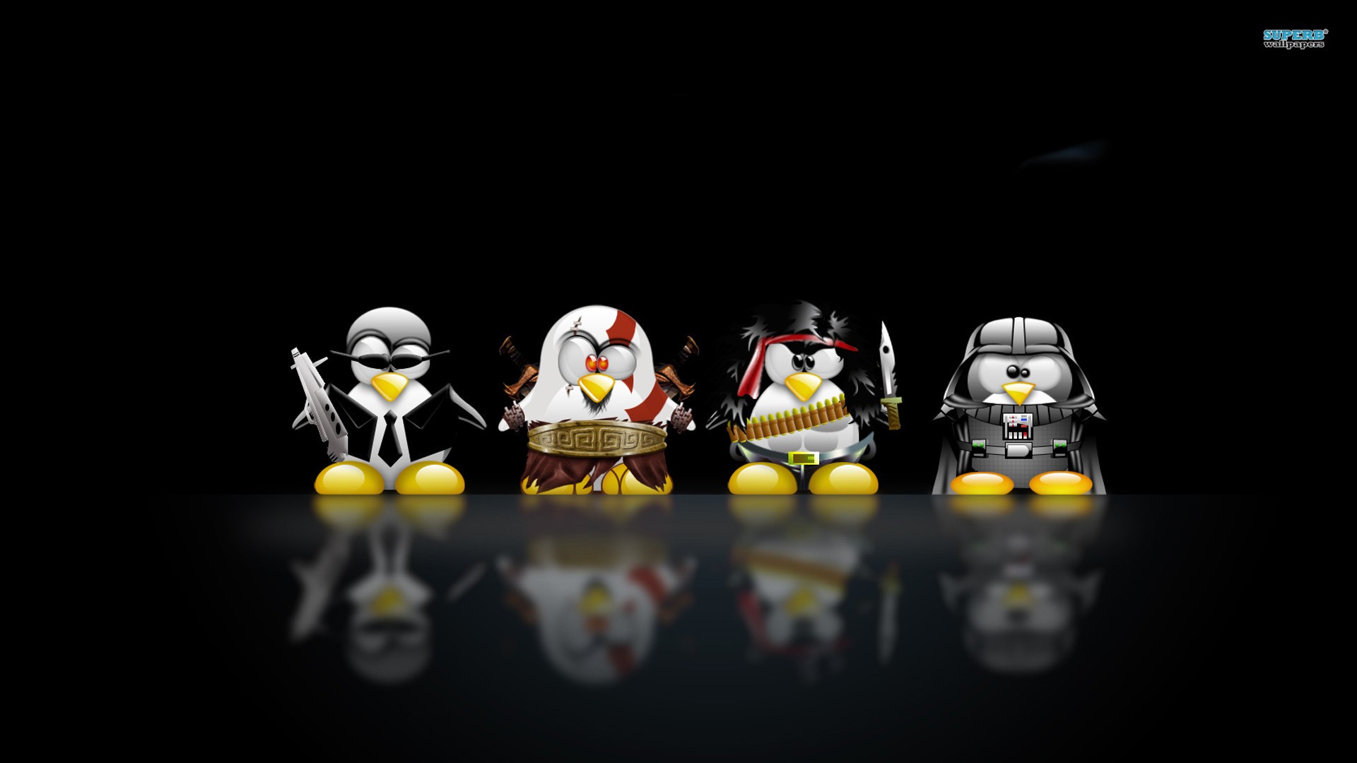 General 1920x1080 Linux Tux Darth Vader Kratos John Rambo penguins animals birds reflection humor black background simple background video game characters movie characters