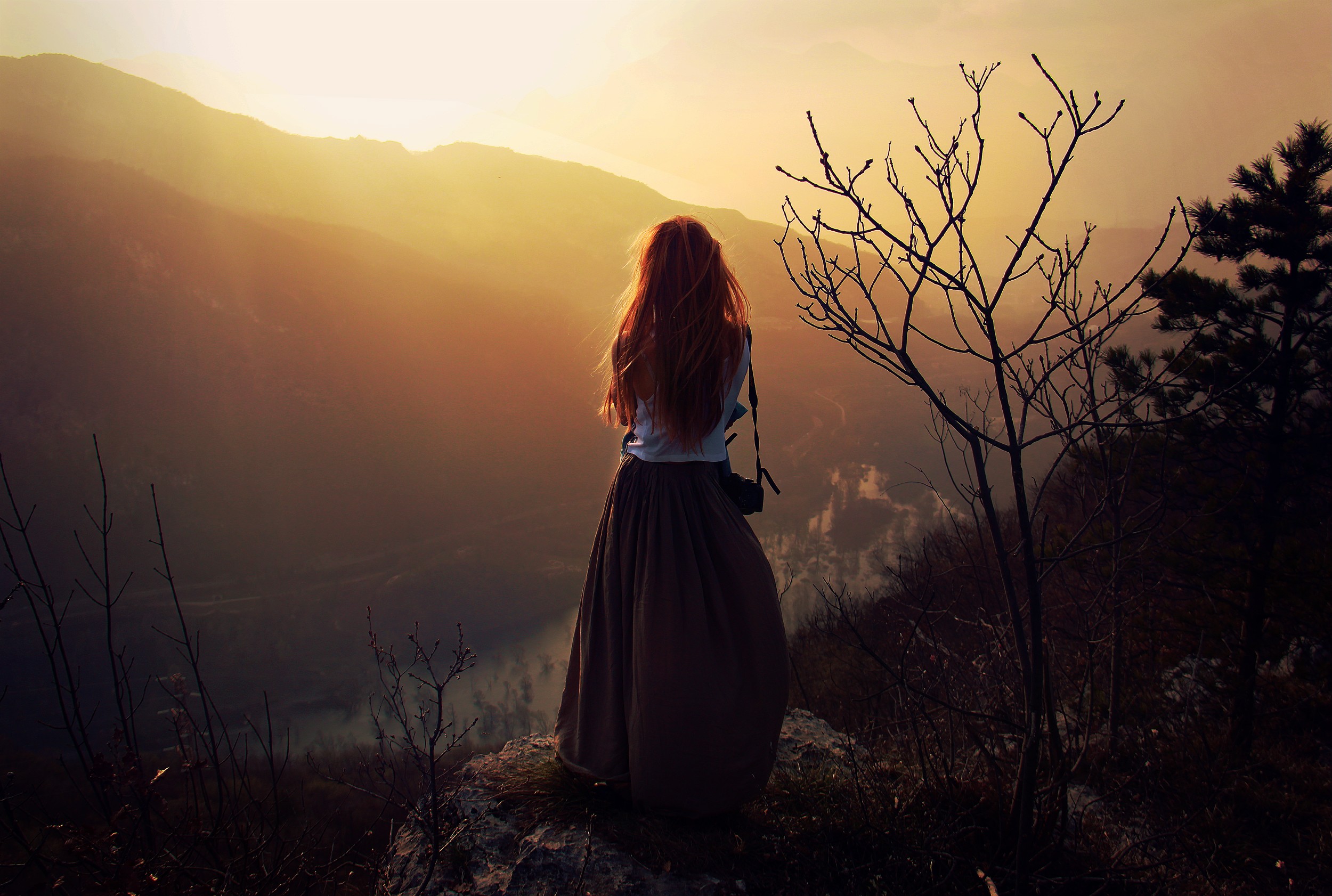 People 2500x1682 women nature mountains grass river women outdoors standing redhead long hair back landscape outdoors sunlight model rear view