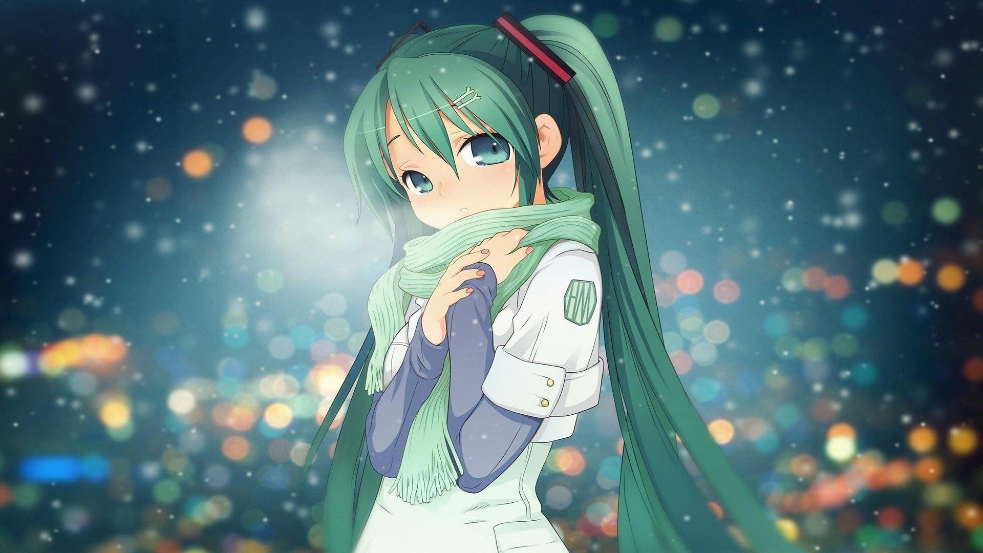 Anime 1920x1080 anime girls anime Vocaloid Hatsune Miku blue eyes painted nails looking at viewer long hair green hair
