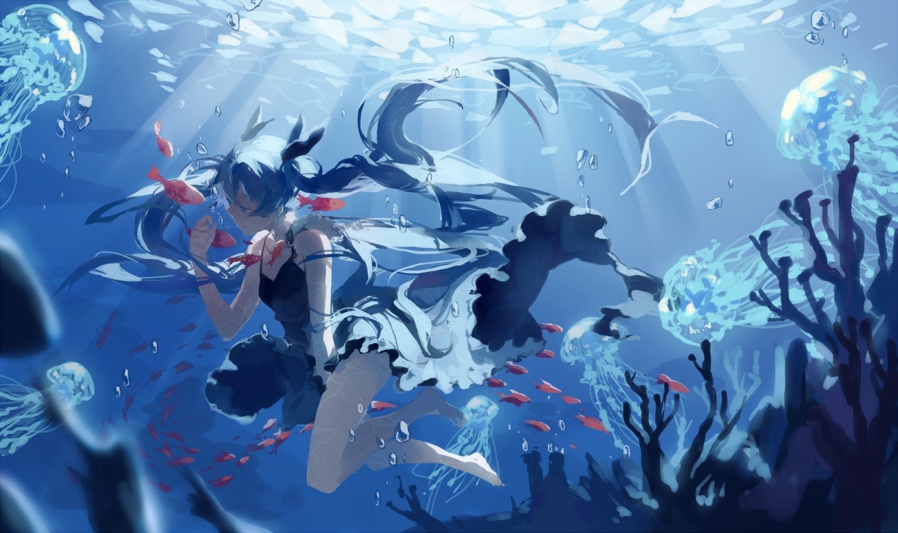 Anime 1305x774 anime Vocaloid Hatsune Miku water underwater barefoot fish animals fantasy art fantasy girl long hair blue hair dress