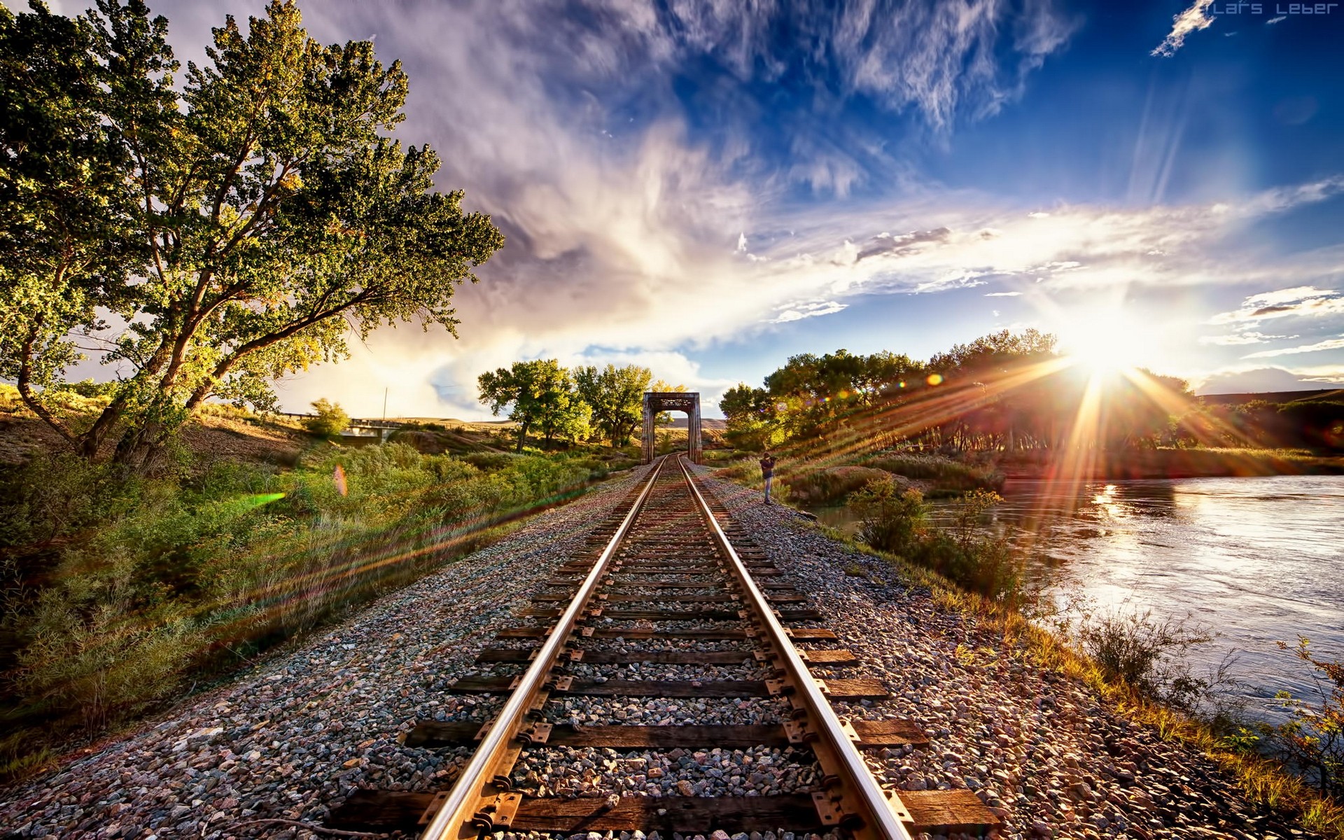 General 1920x1200 nature landscape sunset tracks train sun rays trees clouds river HDR vibrant sunlight