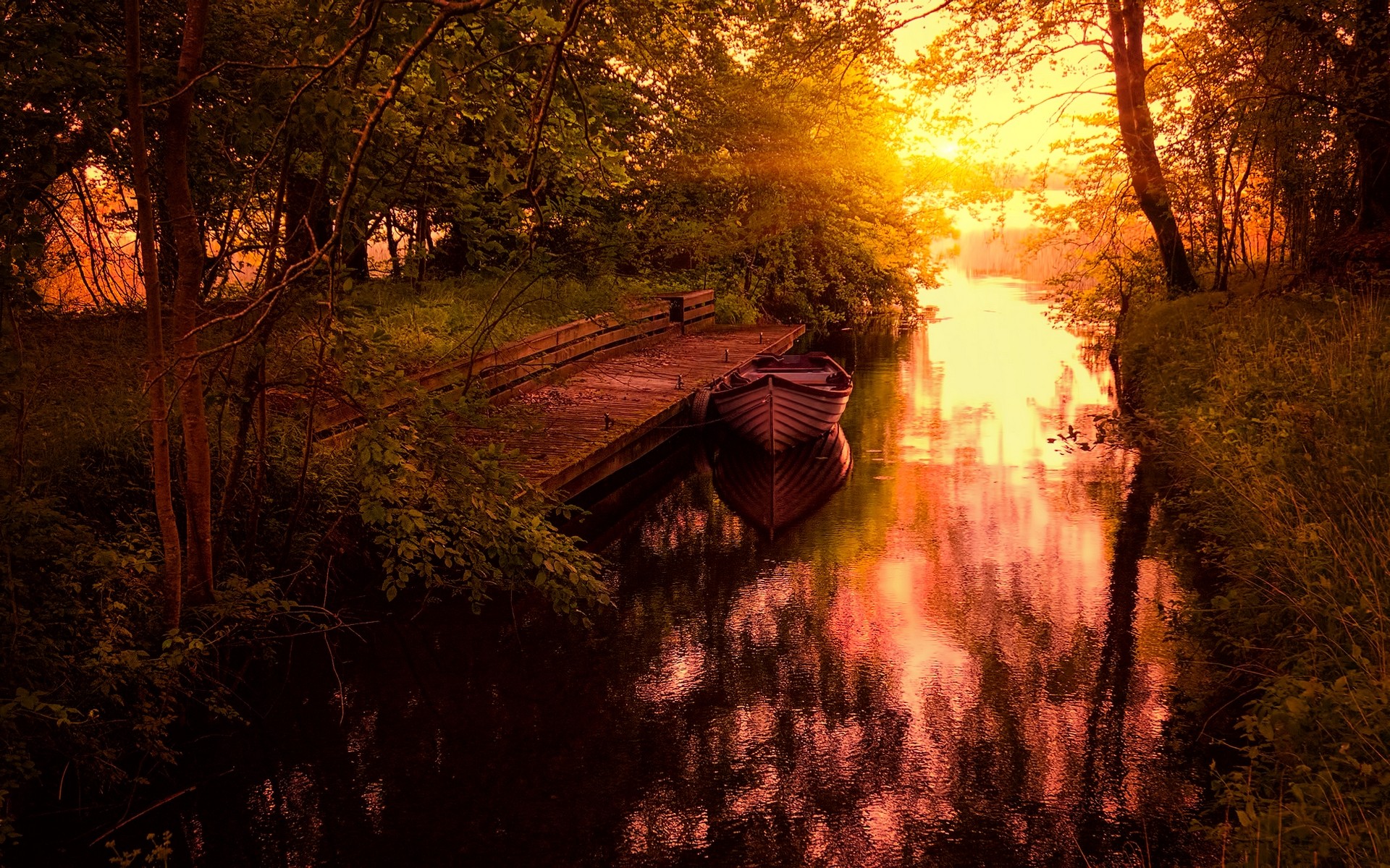 General 1920x1200 nature landscape sunset trees boat dock canal shrubs calm yellow water grass low light