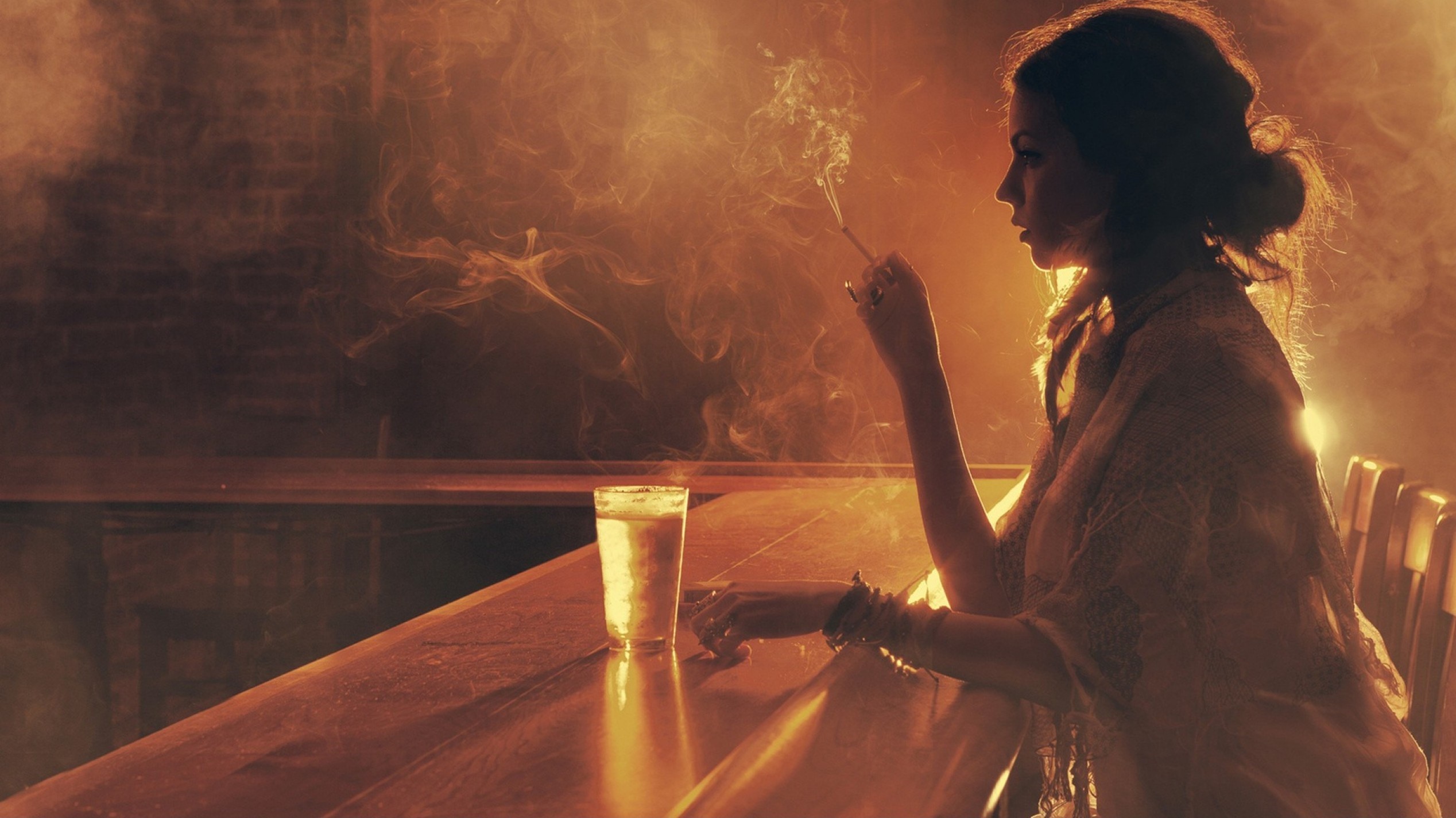 People 2536x1424 smoking women sepia cigarettes drink smoke women indoors indoors drinking glass face profile model bar