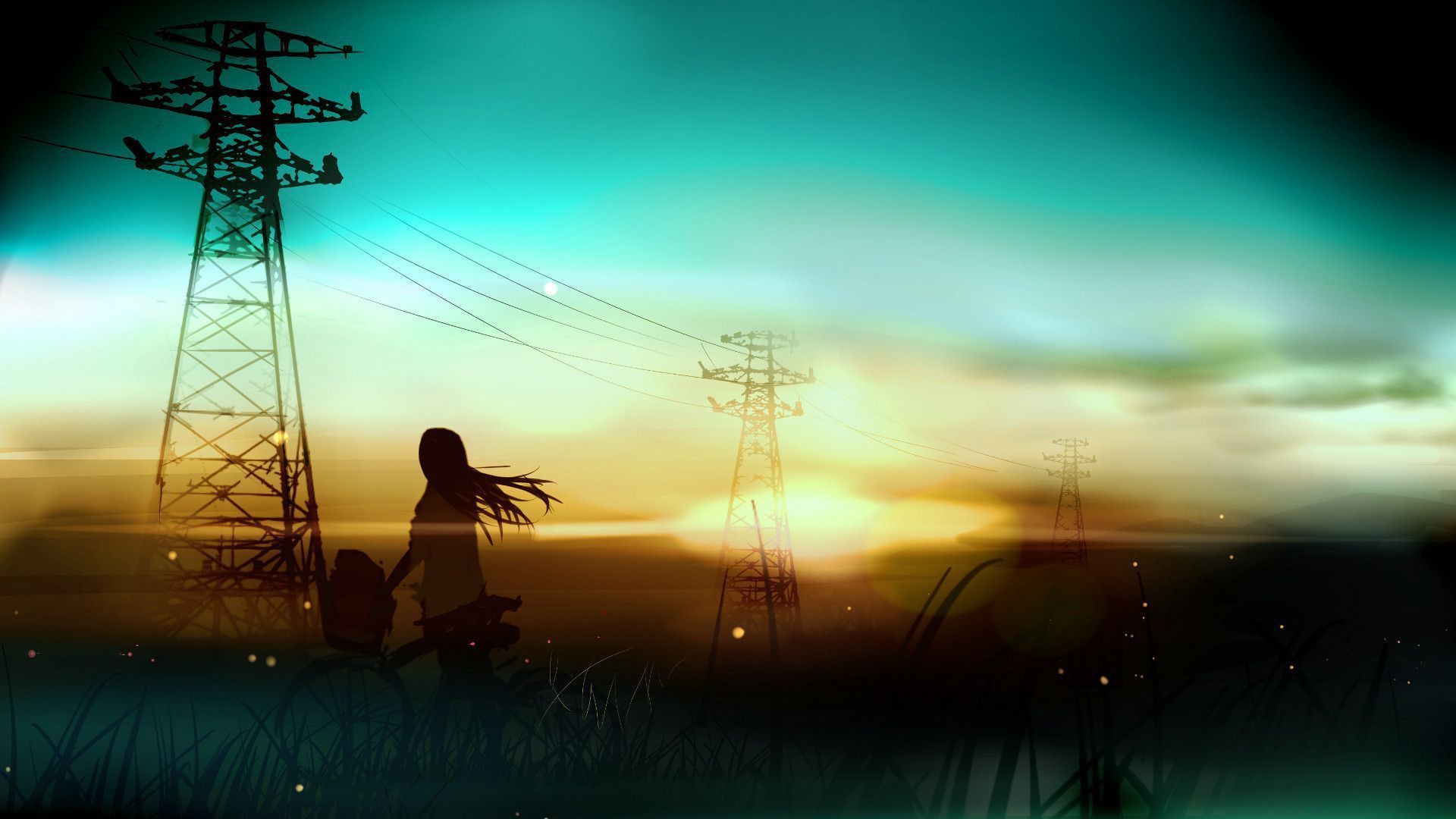 Anime 1920x1080 anime artwork sunset bicycle anime girls power lines silhouette utility pole turquoise