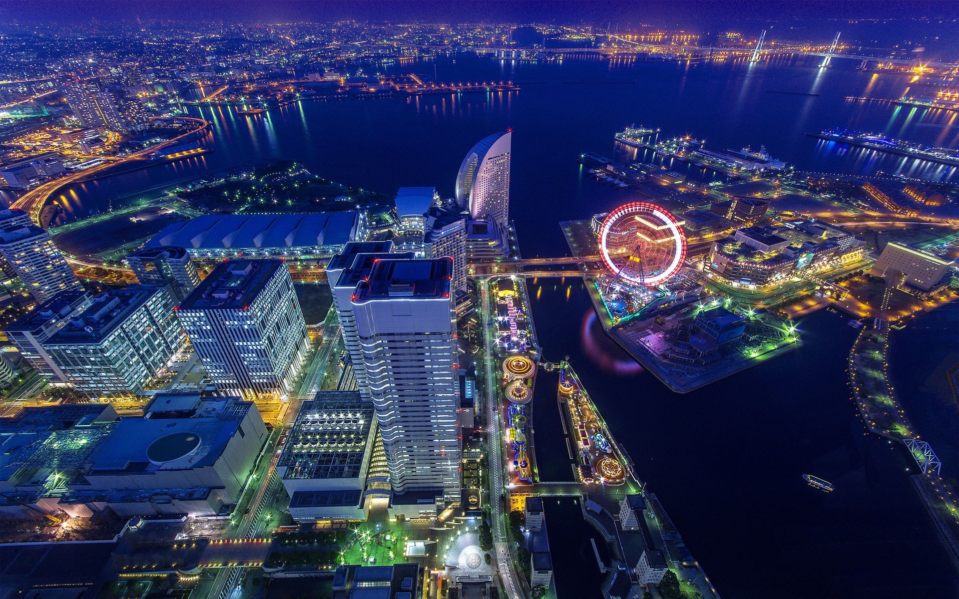 General 1920x1200 cityscape ferris wheel Japan aerial view lights Yokohama Asia city lights