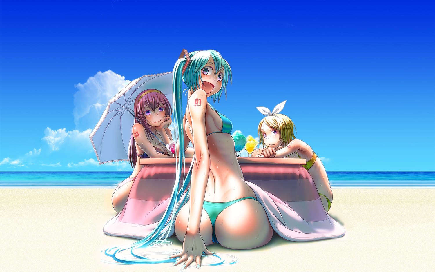 Anime 1500x938 anime Hatsune Miku Vocaloid Megurine Luka Kagamine Rin wokada bubble butt blue beach anime girls ass outdoors bright