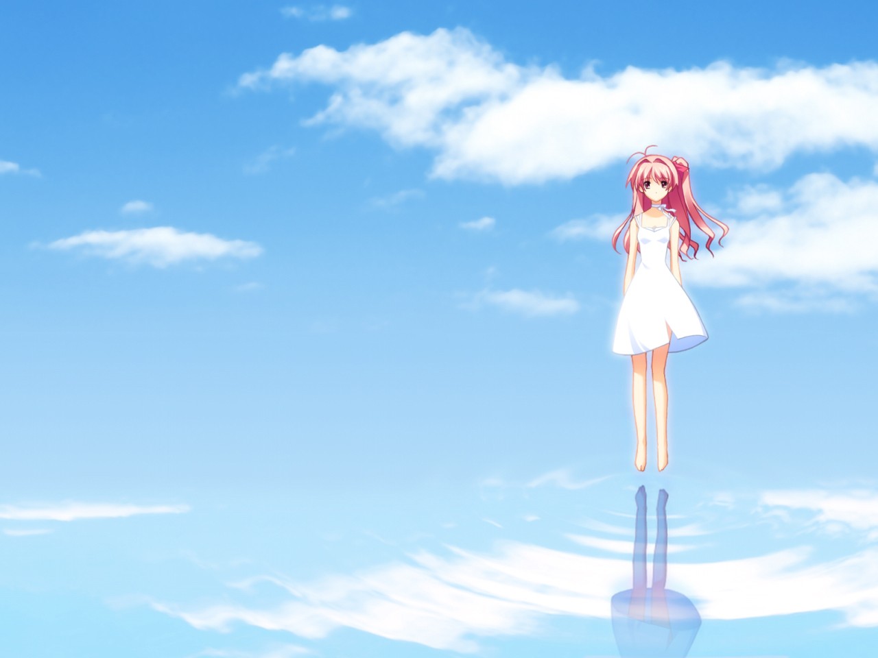 Anime 1280x960 Chaos;Head anime Sakihata Rimi anime girls reflection sky standing clouds barefoot redhead long hair