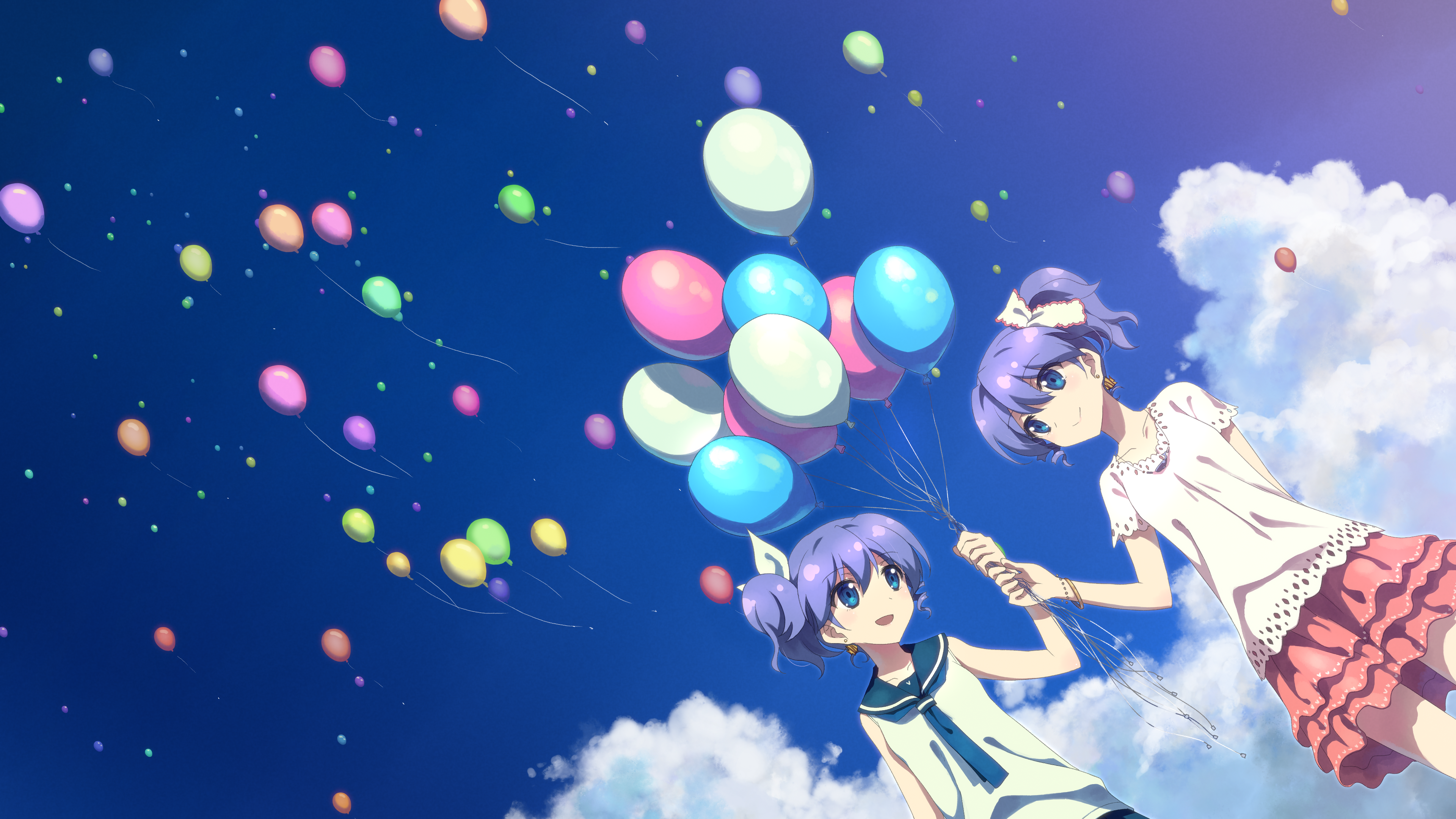 Anime 3840x2160 anime girls balloon DJ Max blue eyes two women tie purple hair clouds sky